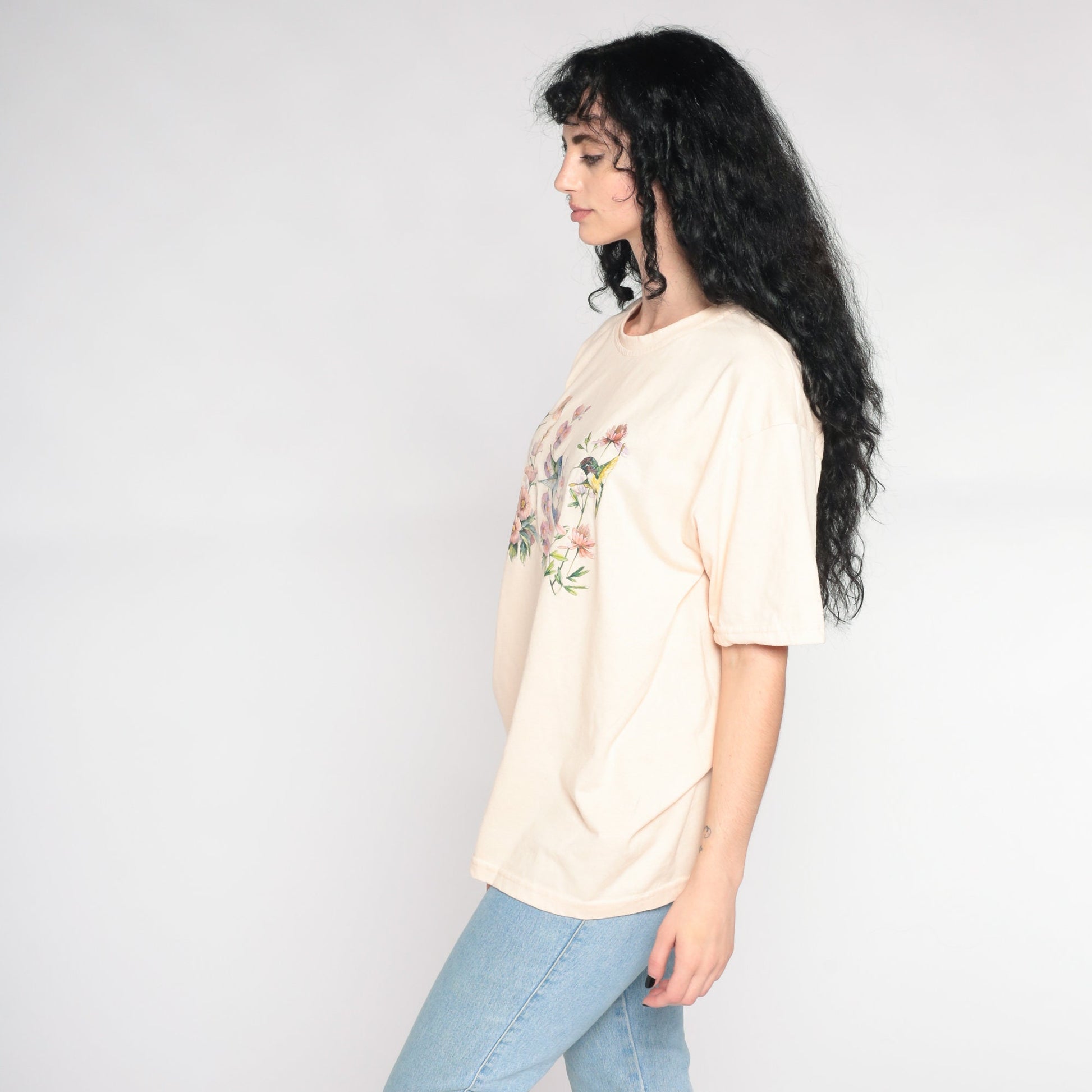 90s Hummingbird Glitter Graphic T-Shirt Floral Beige Extra Large XL