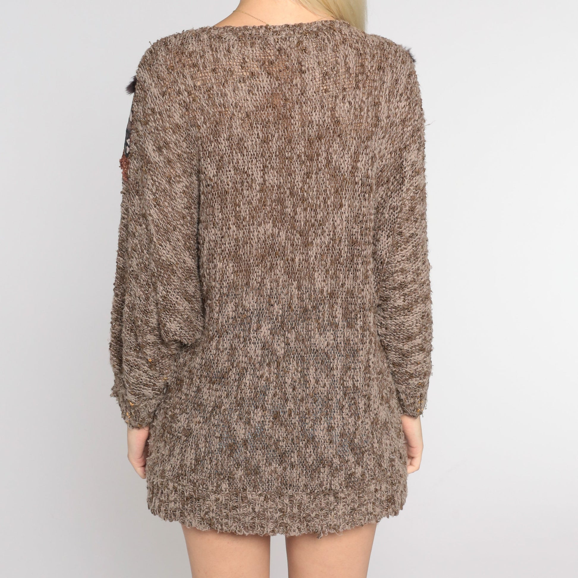 90s Animal Print Patchwork Knit Sweater Brown Leopard Floral Faux Fur Large L
