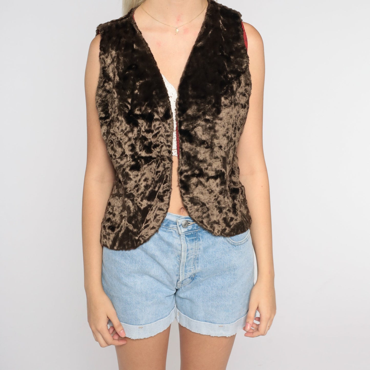 70s Brown Faux Fur Vest Open Front Sleeveless Jacket Small