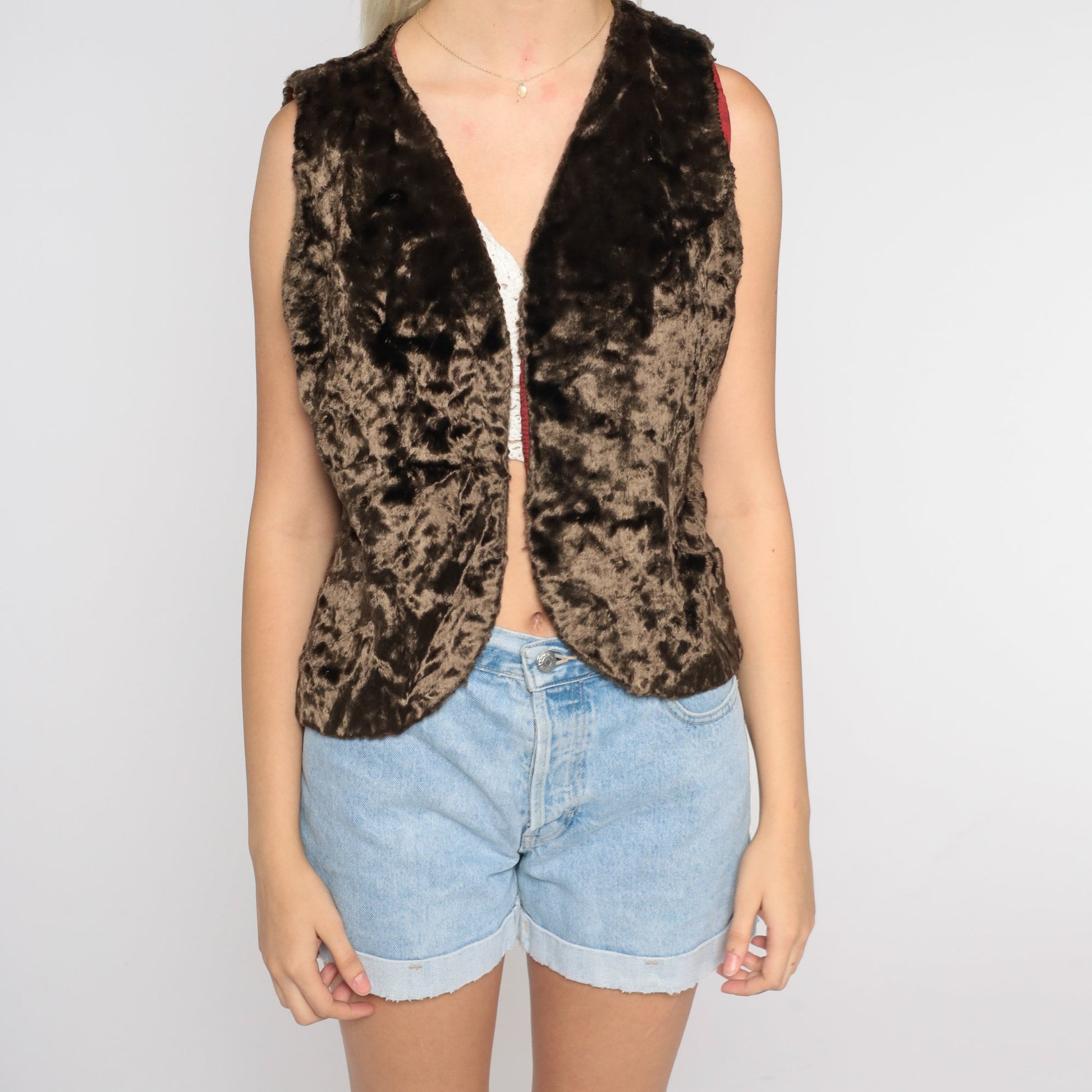 70s Brown Faux Fur Vest Open Front Sleeveless Jacket Small