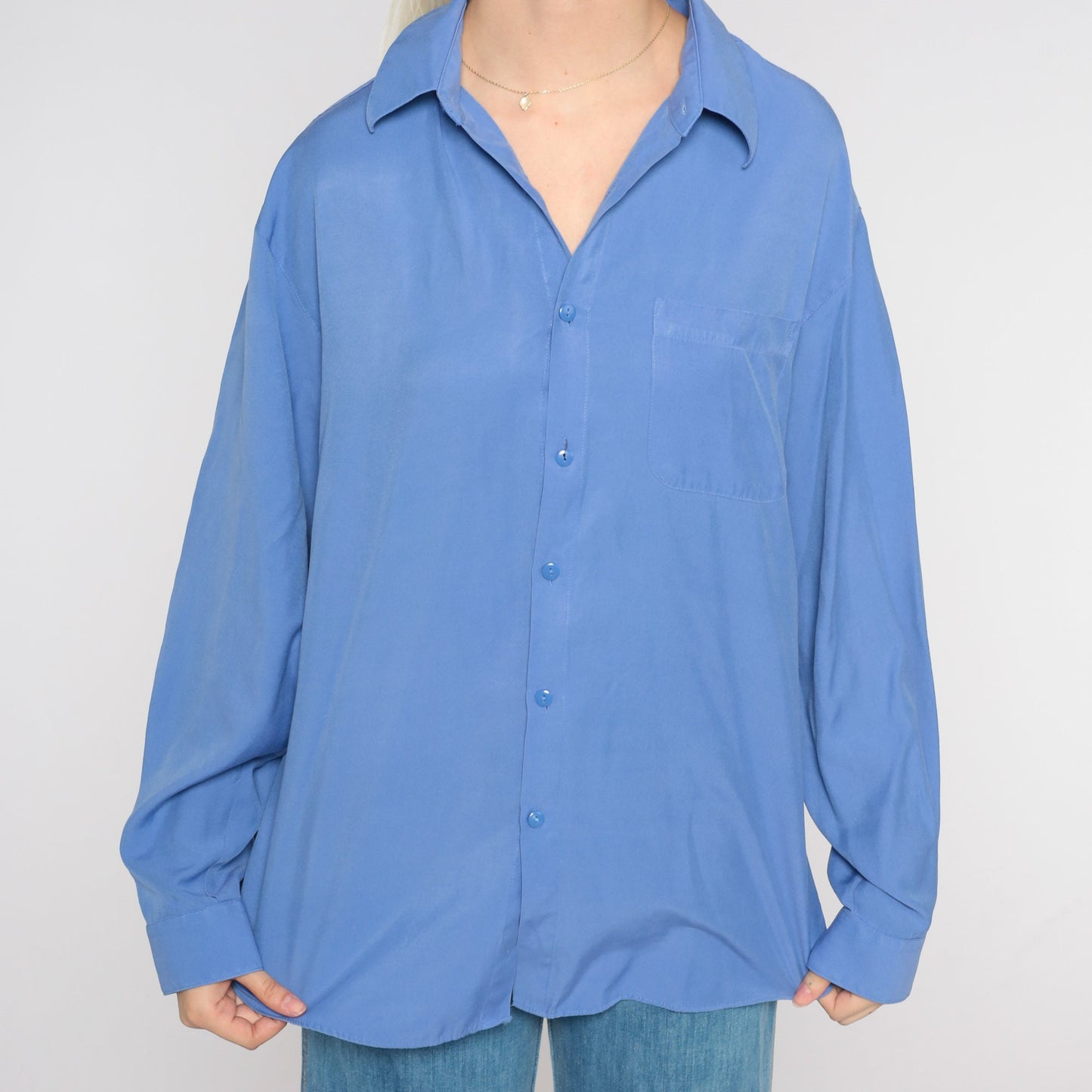 Y2K Blue Button-Up Shirt Long Sleeve Collared Oxford Extra Large