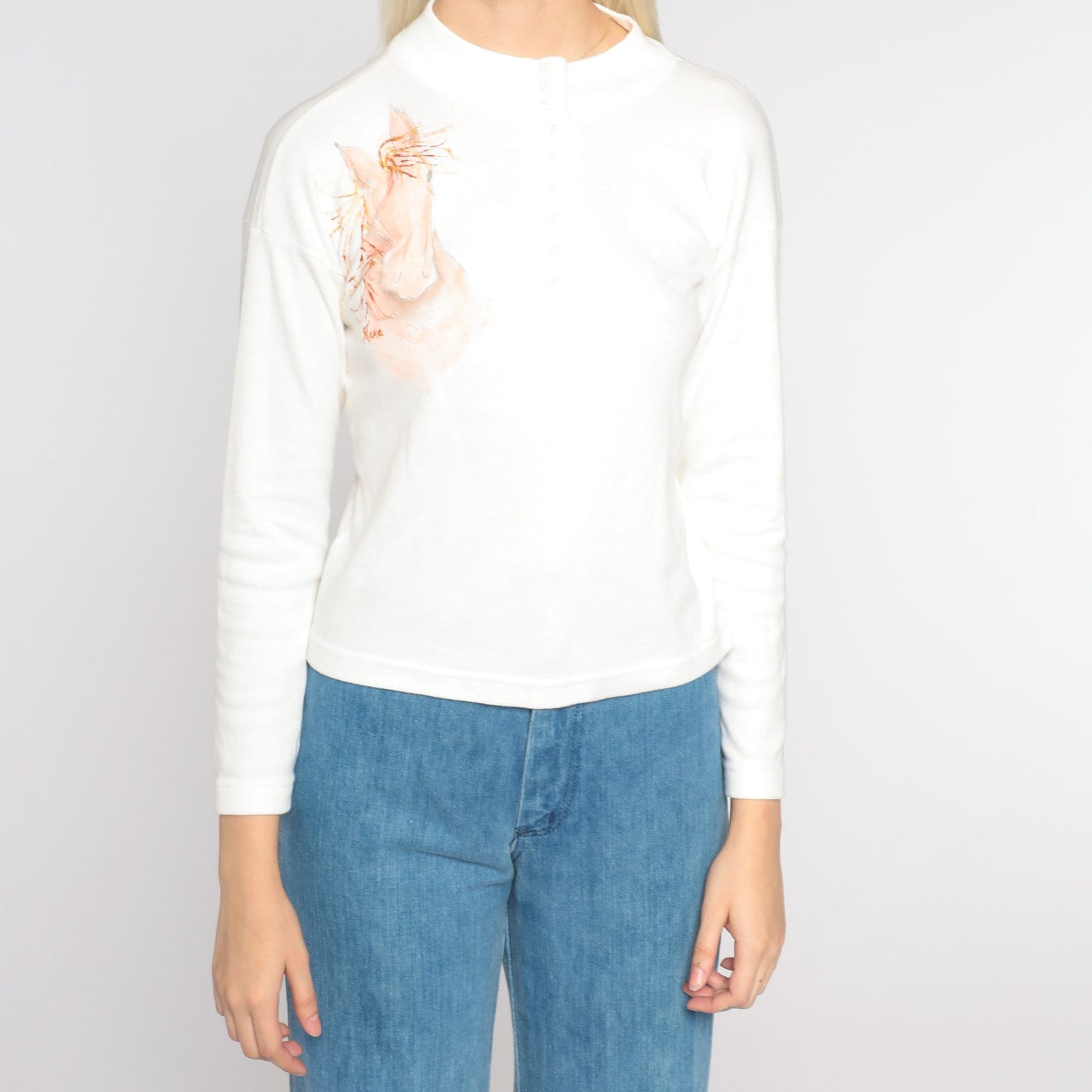90s Painted Horse Henley Long Sleeve T-Shirt White Glitter Graphic Small S