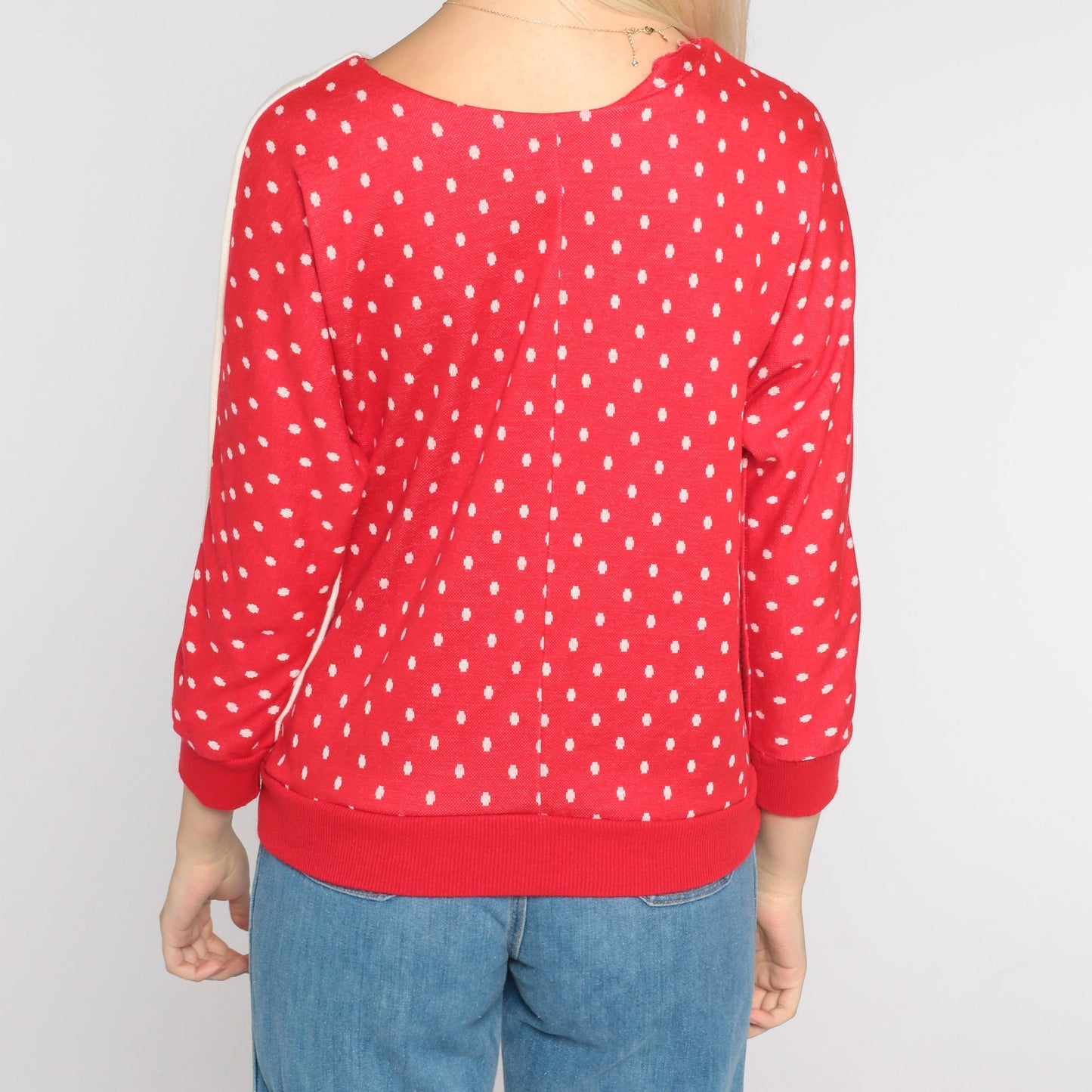 80s Red Polka Dot Sweatshirt Cream Floral Appliqué Pullover Small