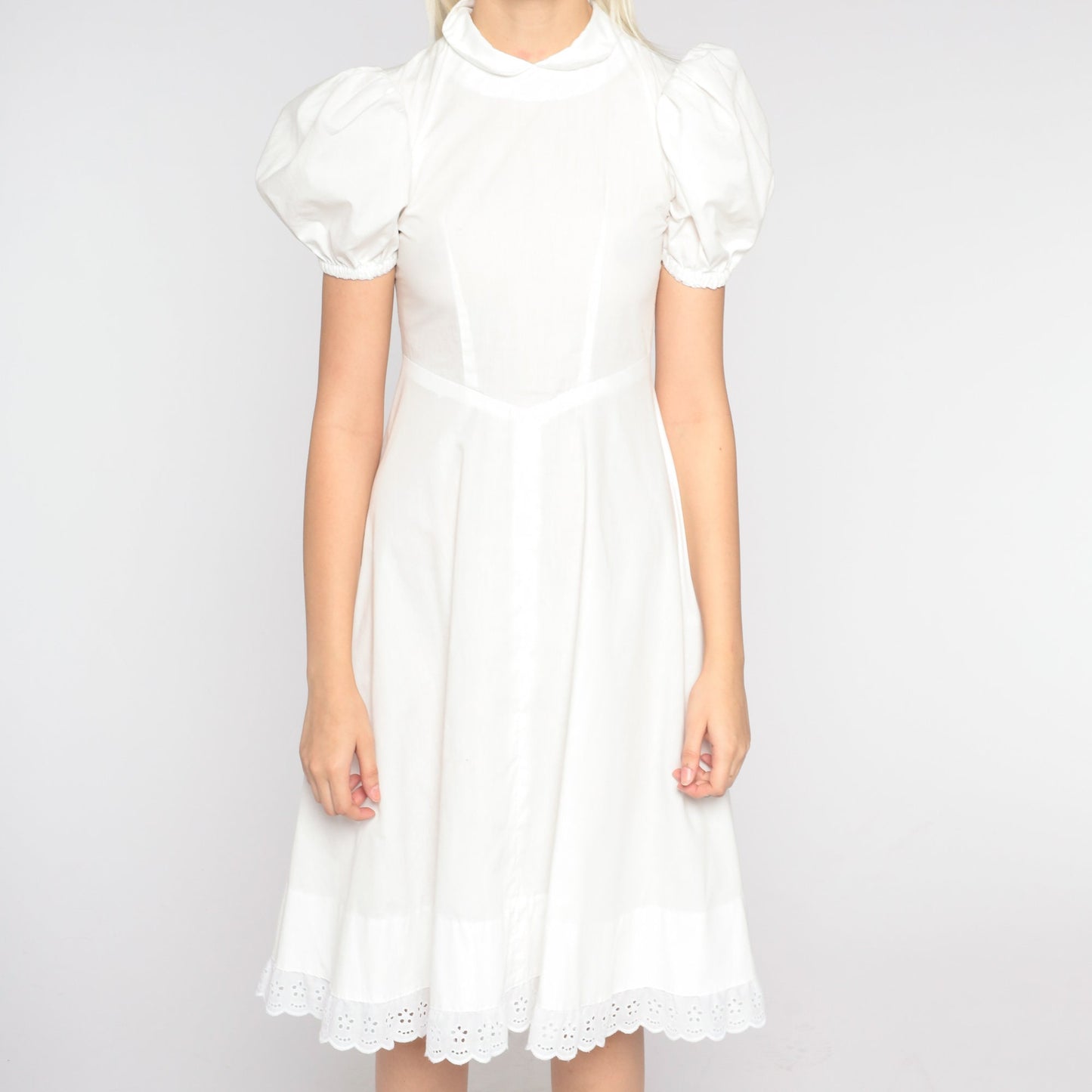 70s White Peasant Dress Puff Sleeve Eyelet Basque Waist Knee Length Extra Small
