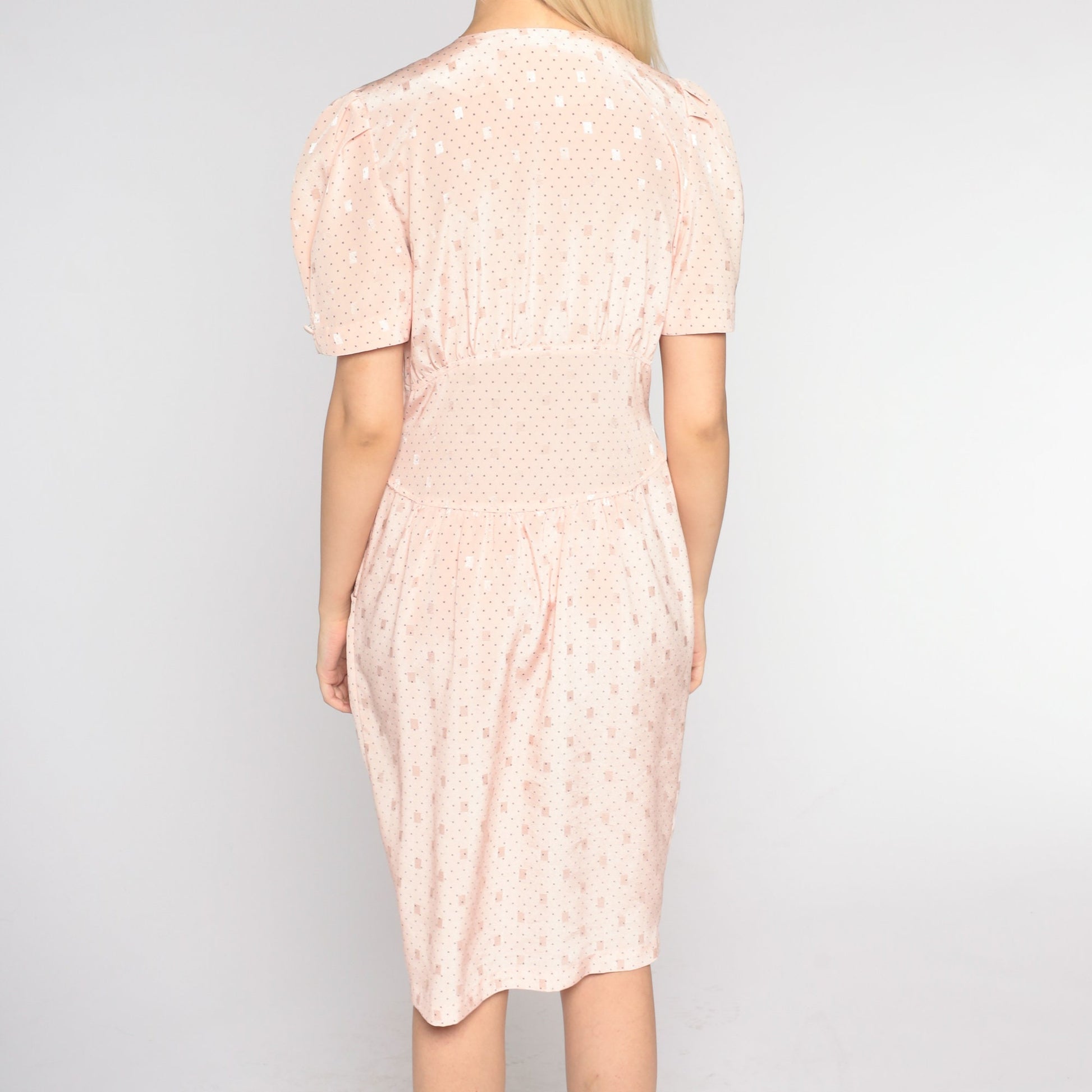 80s Blush Pink Button-Up Sheath Dress Puff Sleeve High Waist Knee Length Medium M
