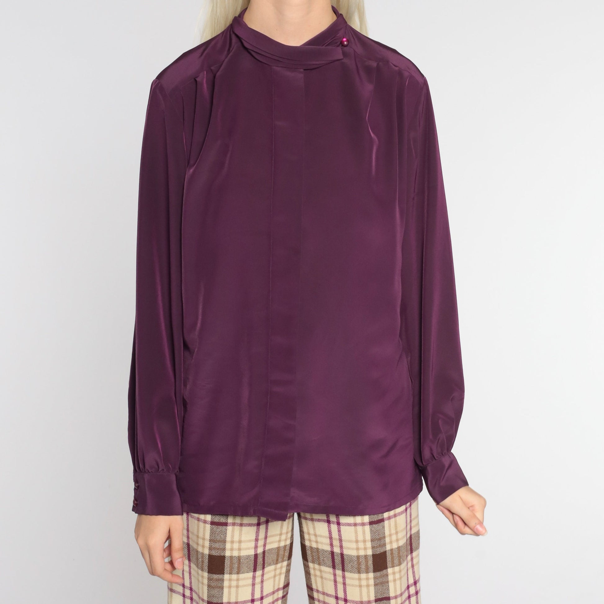80s Pendleton Eggplant Blouse Long Sleeve High Neck Hidden Button Shirt Large L