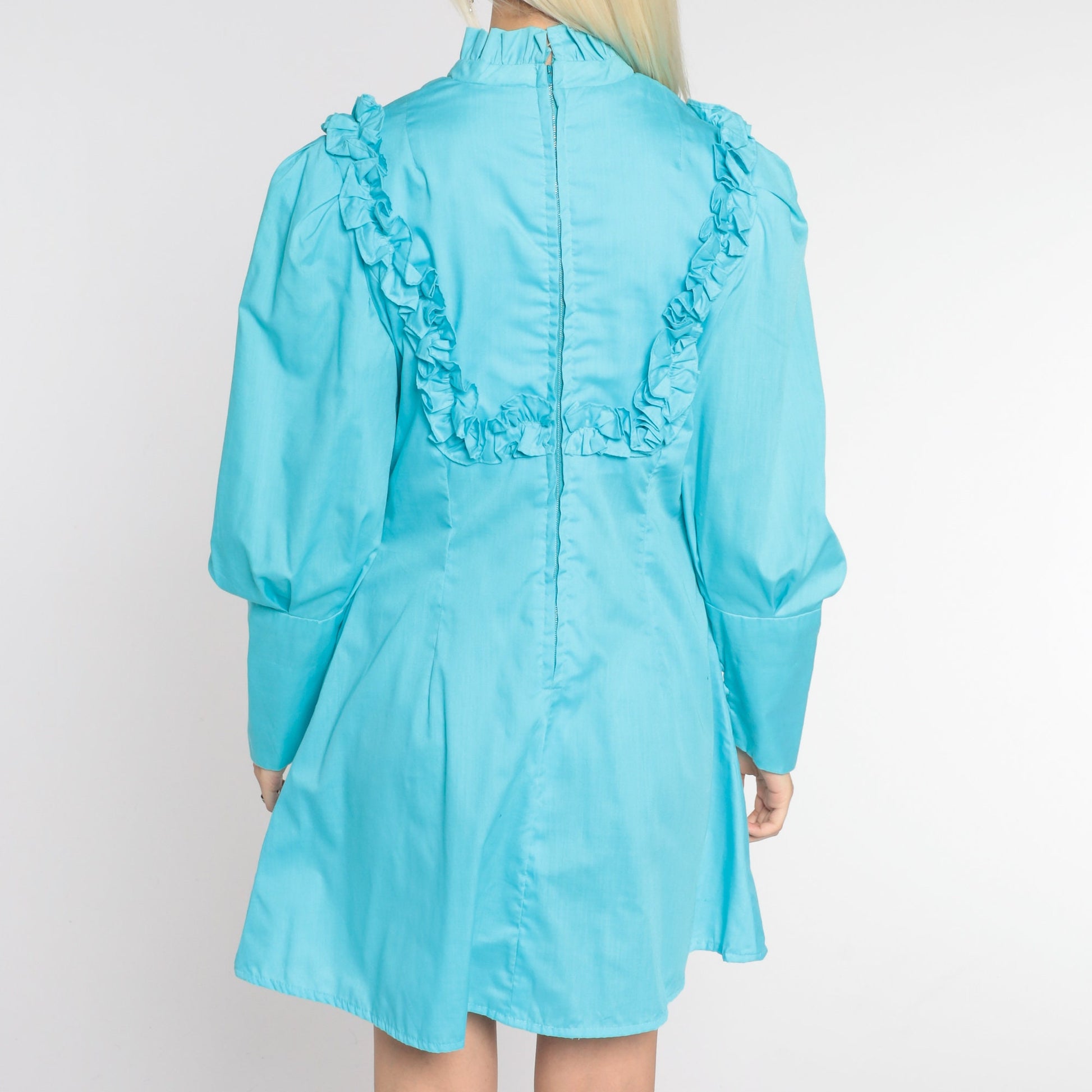 70s Blue Babydoll Mini Dress Empire Waist High Neck Puff Sleeve Small Medium