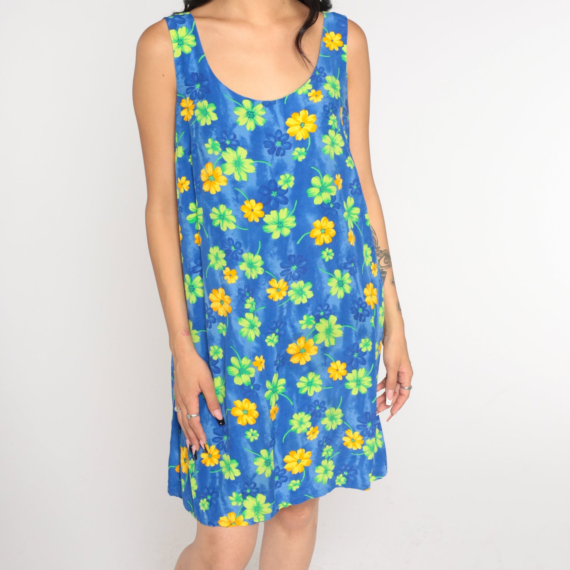 90s Blue Floral Mini Dress Sleeveless Shift Scoop Neck Summer Large