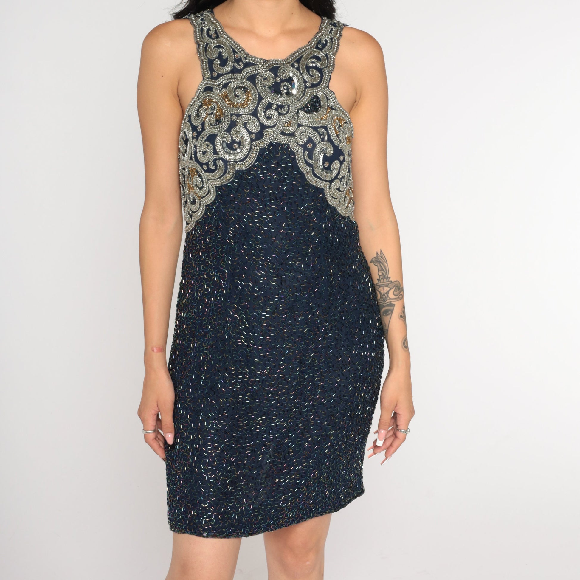 90s Navy Silk Beaded Mini Dress Sleeveless Sheath Small S