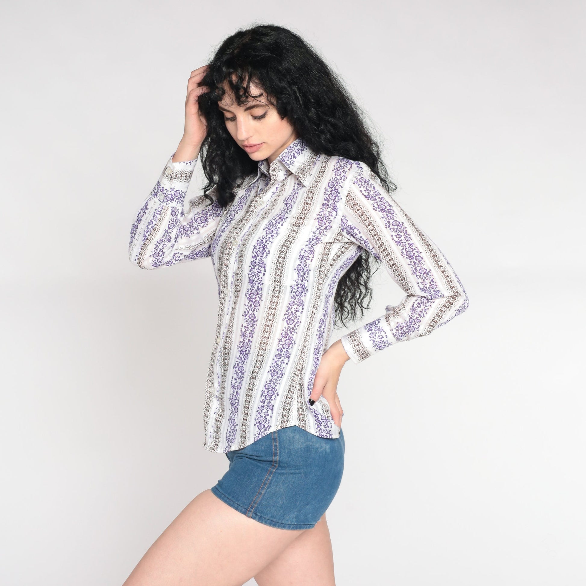 70s Striped Floral Dagger Collar Button-Up Shirt White Purple Small