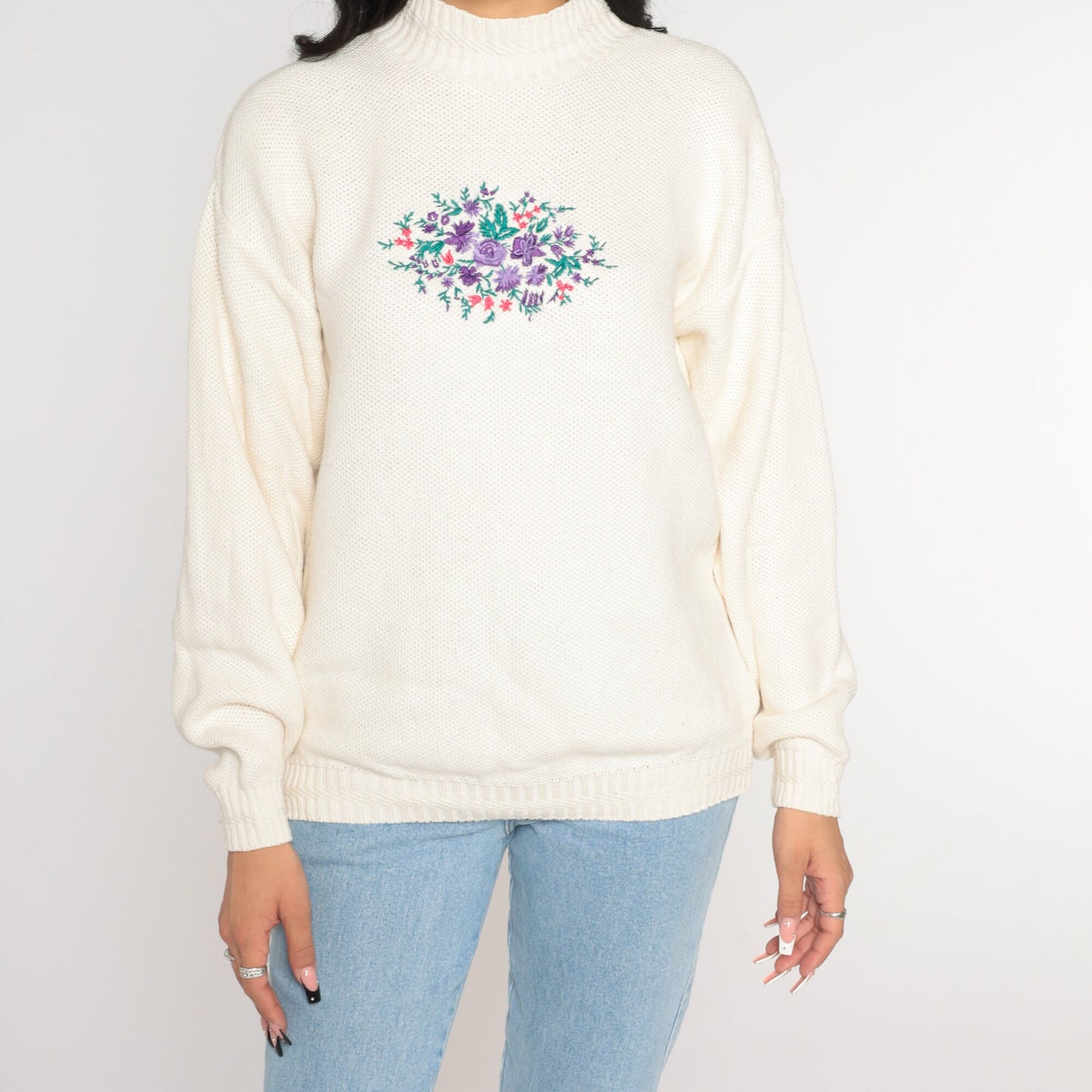 90s Isle of Cotton White Floral Embroidered Mockneck Sweater Large L