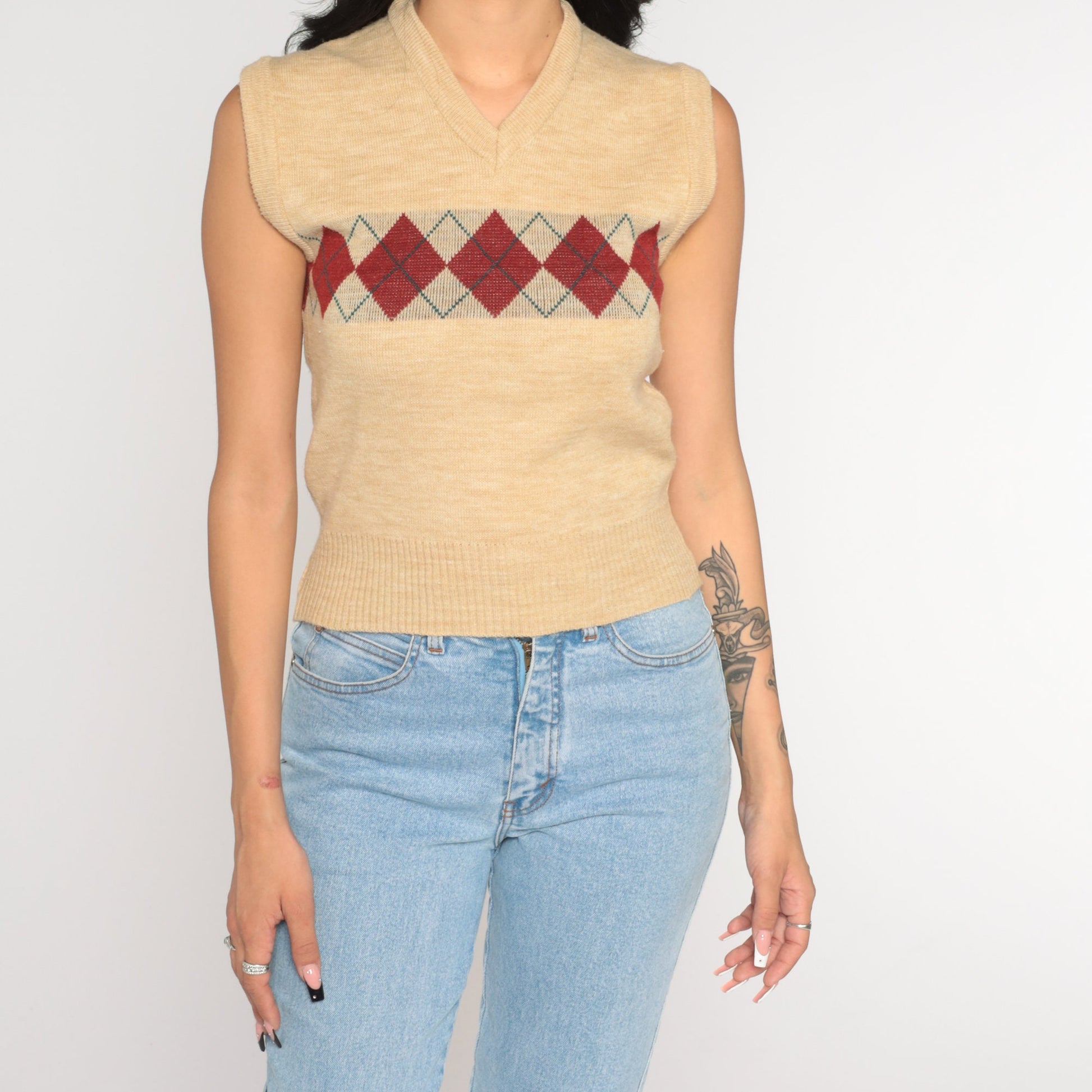 70s Argyle Sweater Vest Tan Red Diamond Knit V-Neck Pullover Extra Small