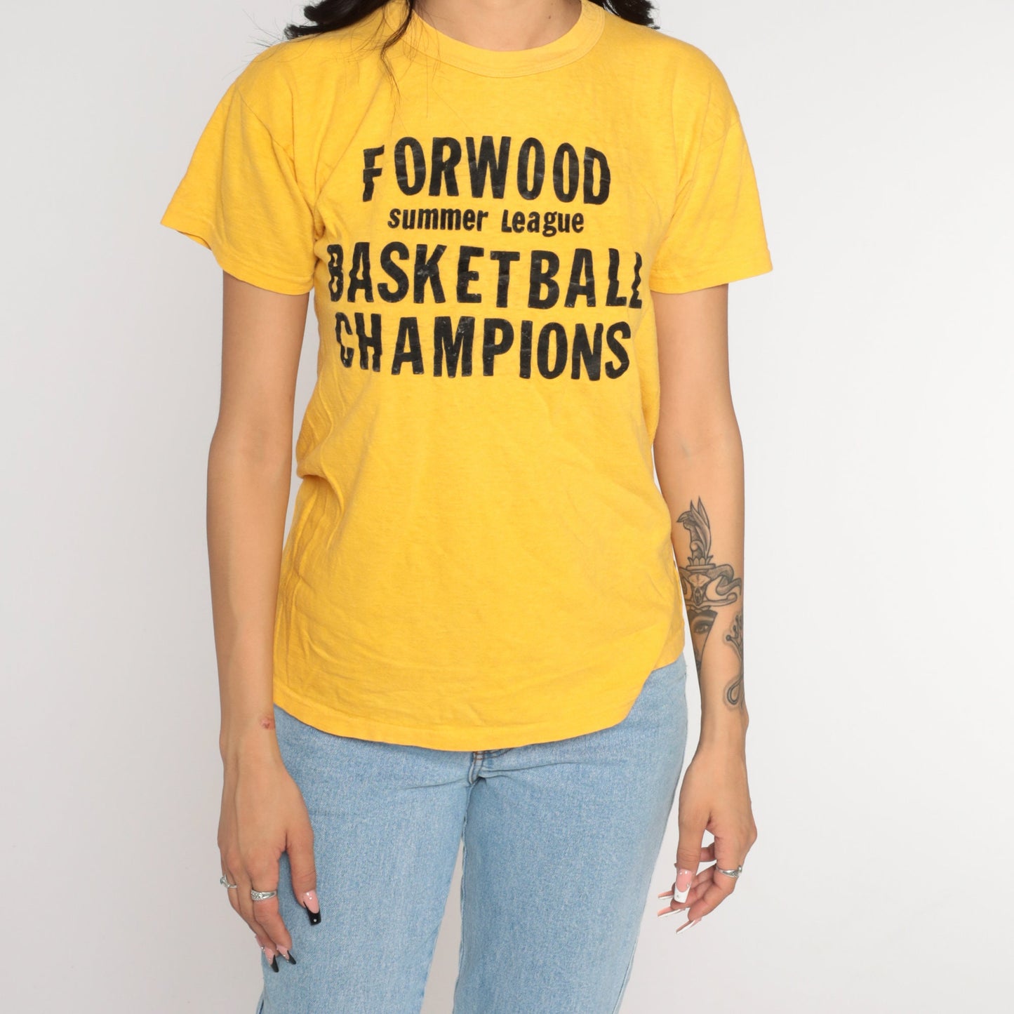 70s Forwood Elementary Basketball Champions T-Shirt Yellow Graphic Tee Medium