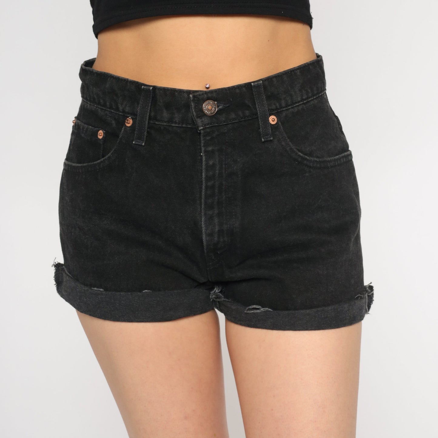 90s Levi's 550 Black Denim Shorts High Rise Raw Cuff Small