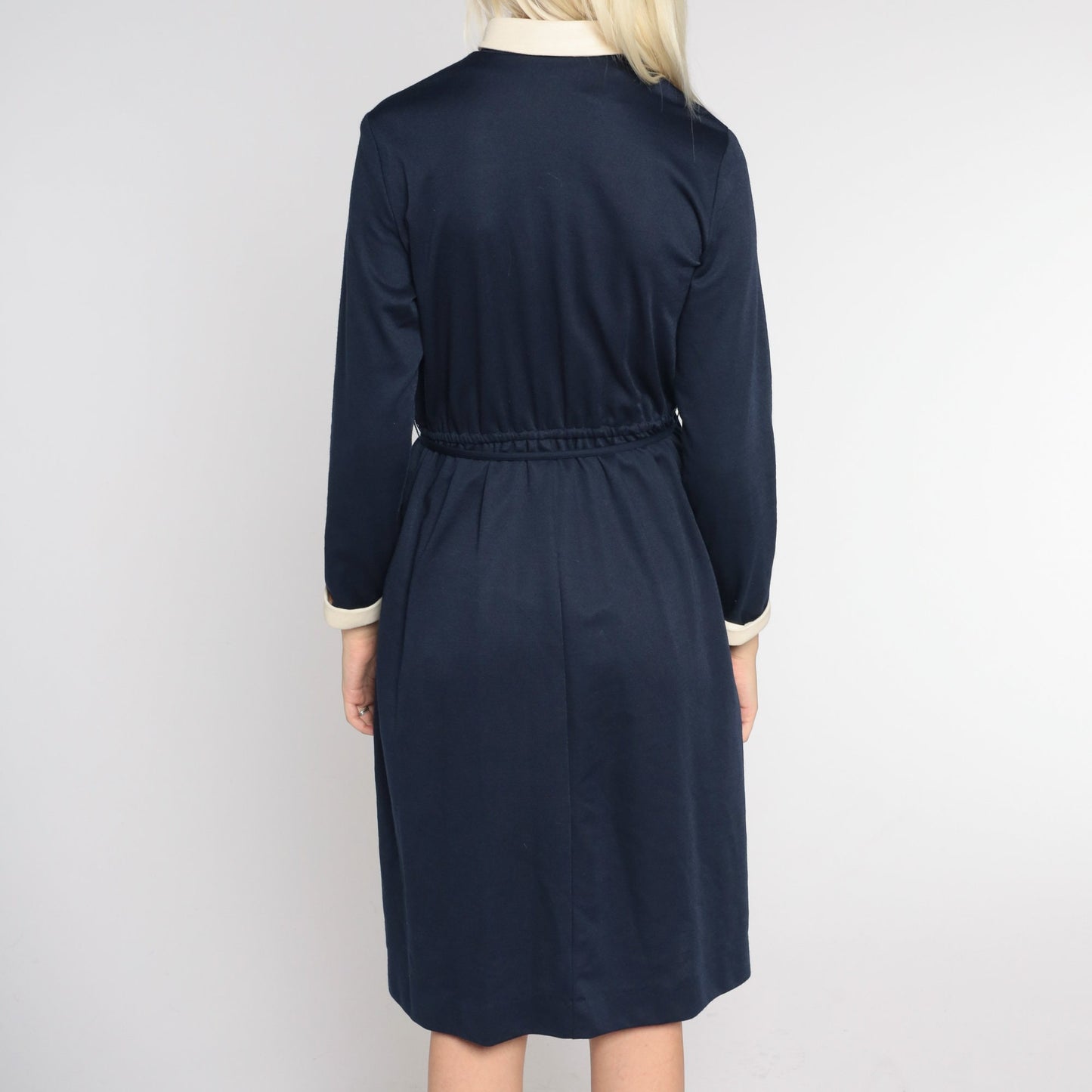 80s Navy Collared Midi Dress Cream Keyhole High Waist Long Sleeve Small
