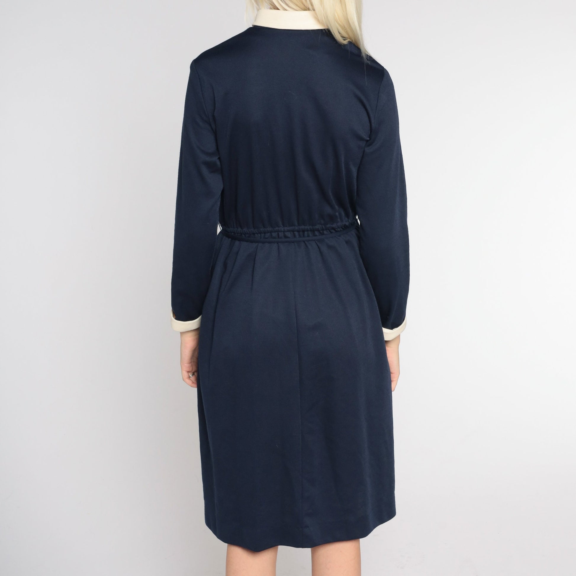 80s Navy Collared Midi Dress Cream Keyhole High Waist Long Sleeve Small