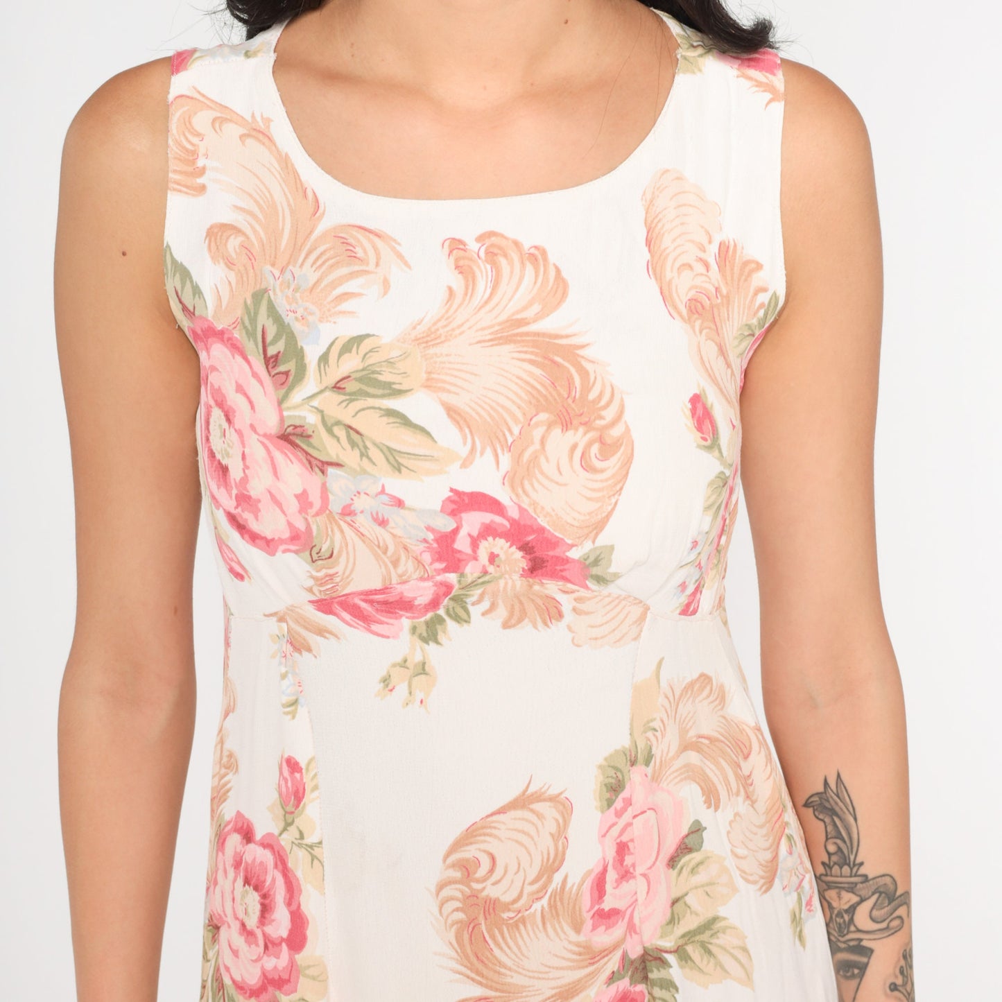 90s White Floral Midi Sundress Empire Waist Cutout Back Small