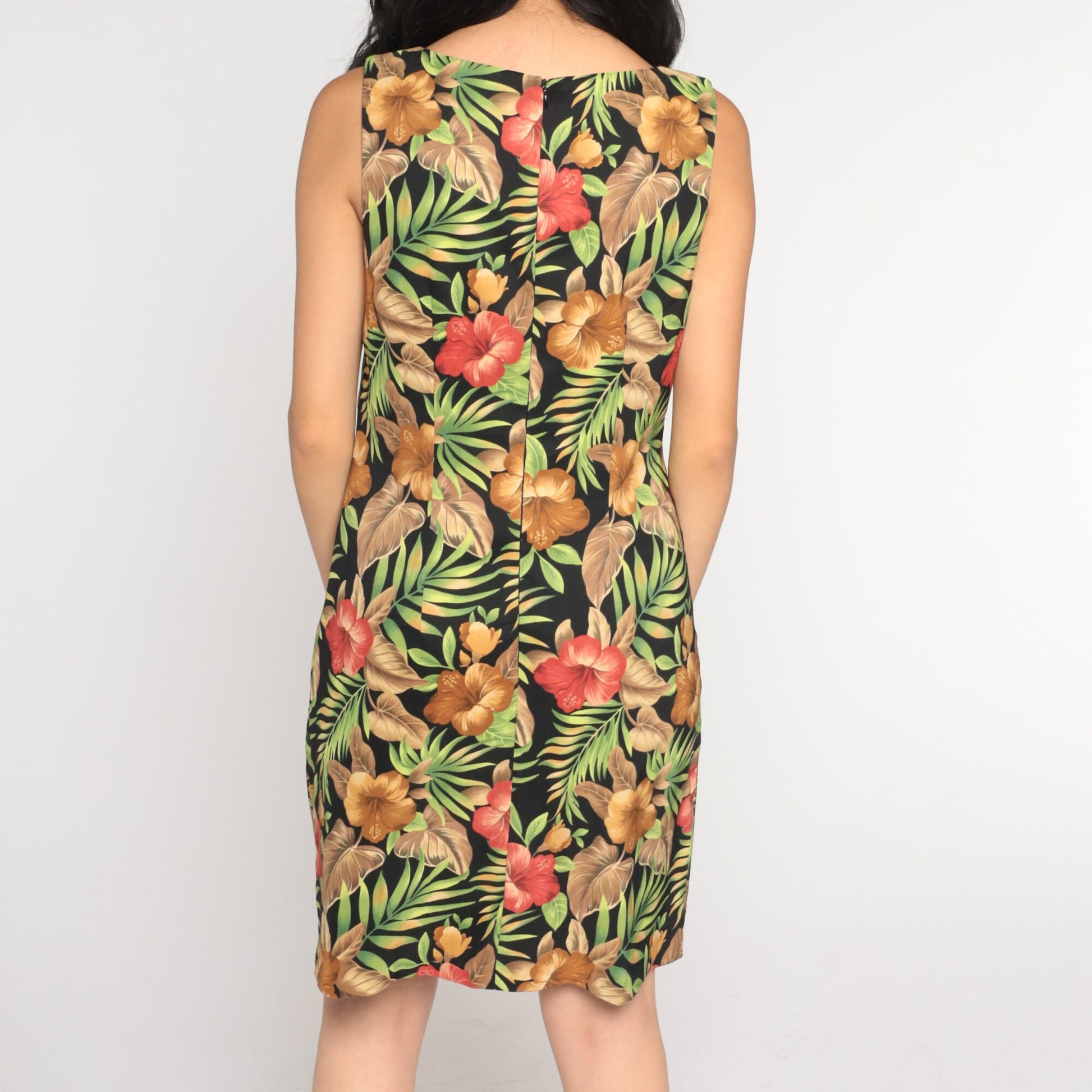 90s Black Tropical Floral Mini Dress Shift Sleeveless Medium 8