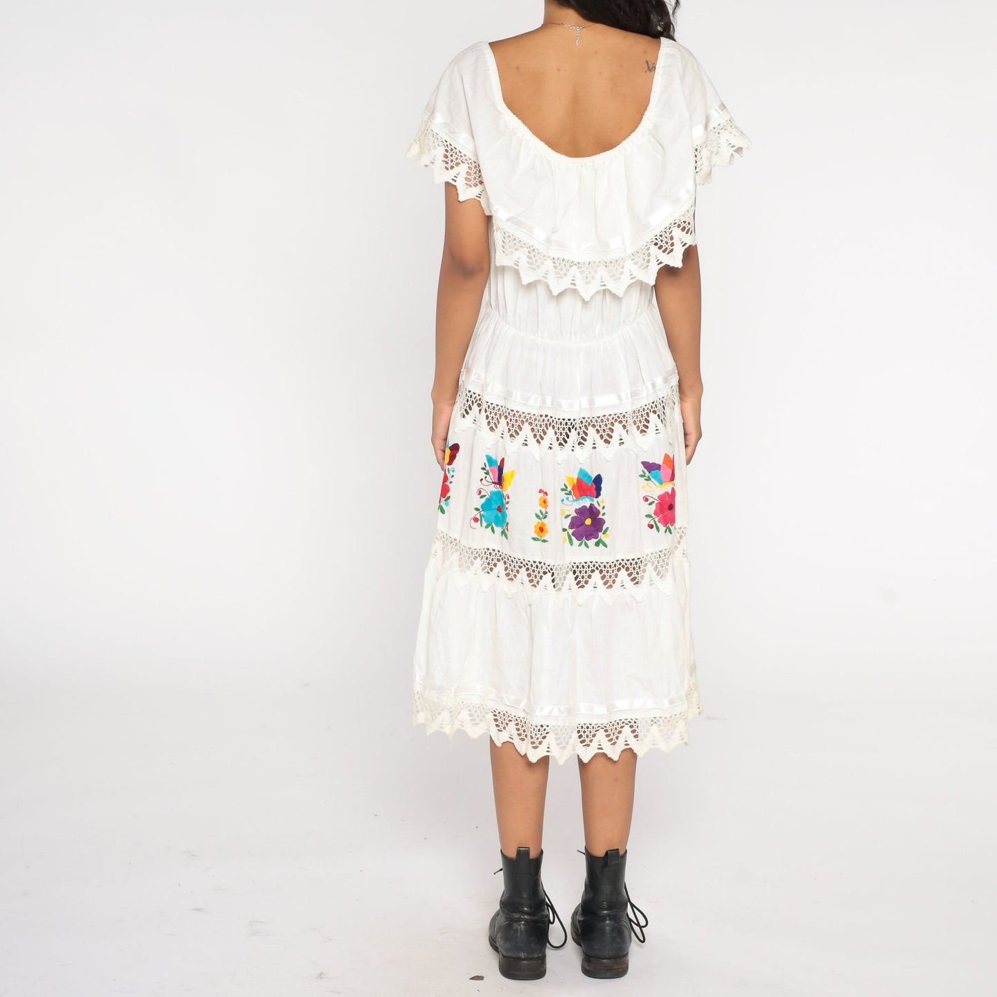 90s White Floral Embroidered Midi Dress Butterfly Lace Tiered Peasant Large