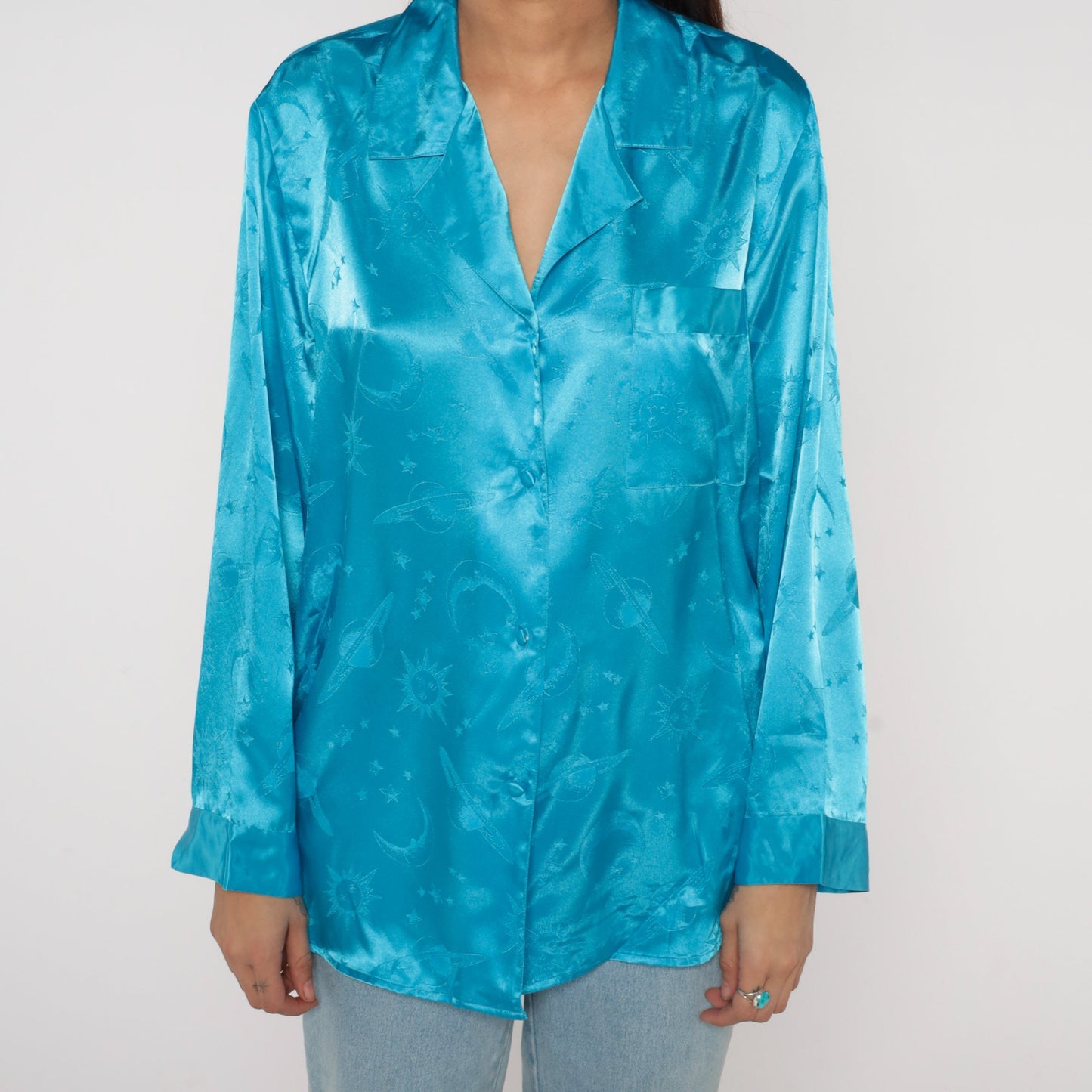 90s Celestial Pajama Top Bright Blue Satin Embossed Moon Stars Button Up Medium