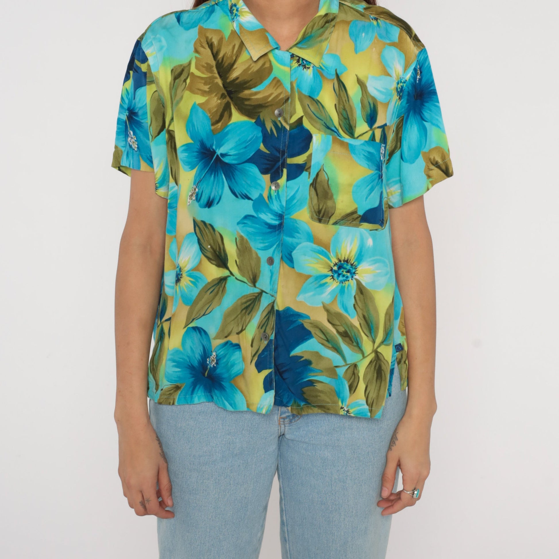 Y2K Liz Claiborne Tropical Floral Button-Up Blouse Blue Green Hibiscus Large L