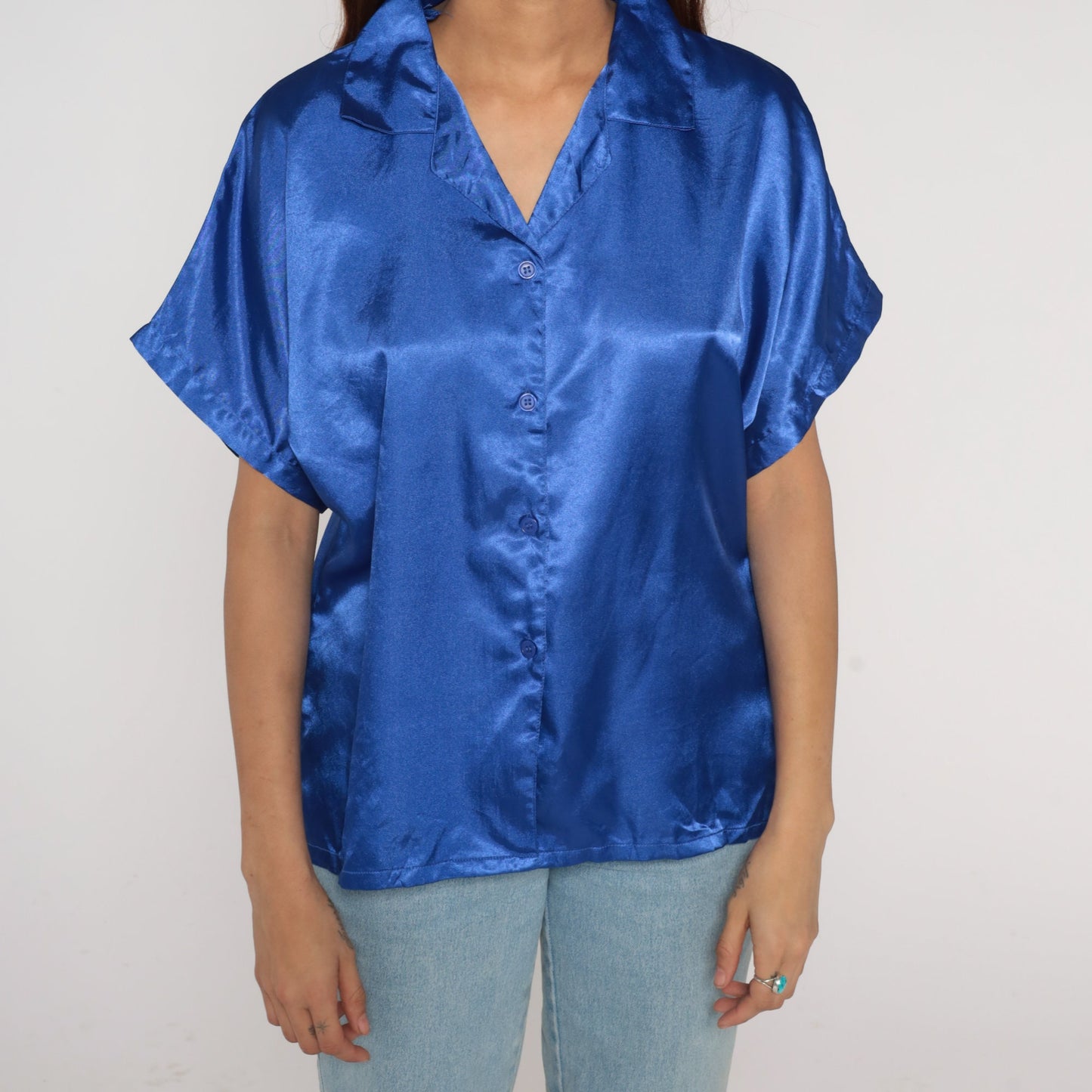 00s Blue Satin Button-Up Blouse Short Sleeve Shirt Large L