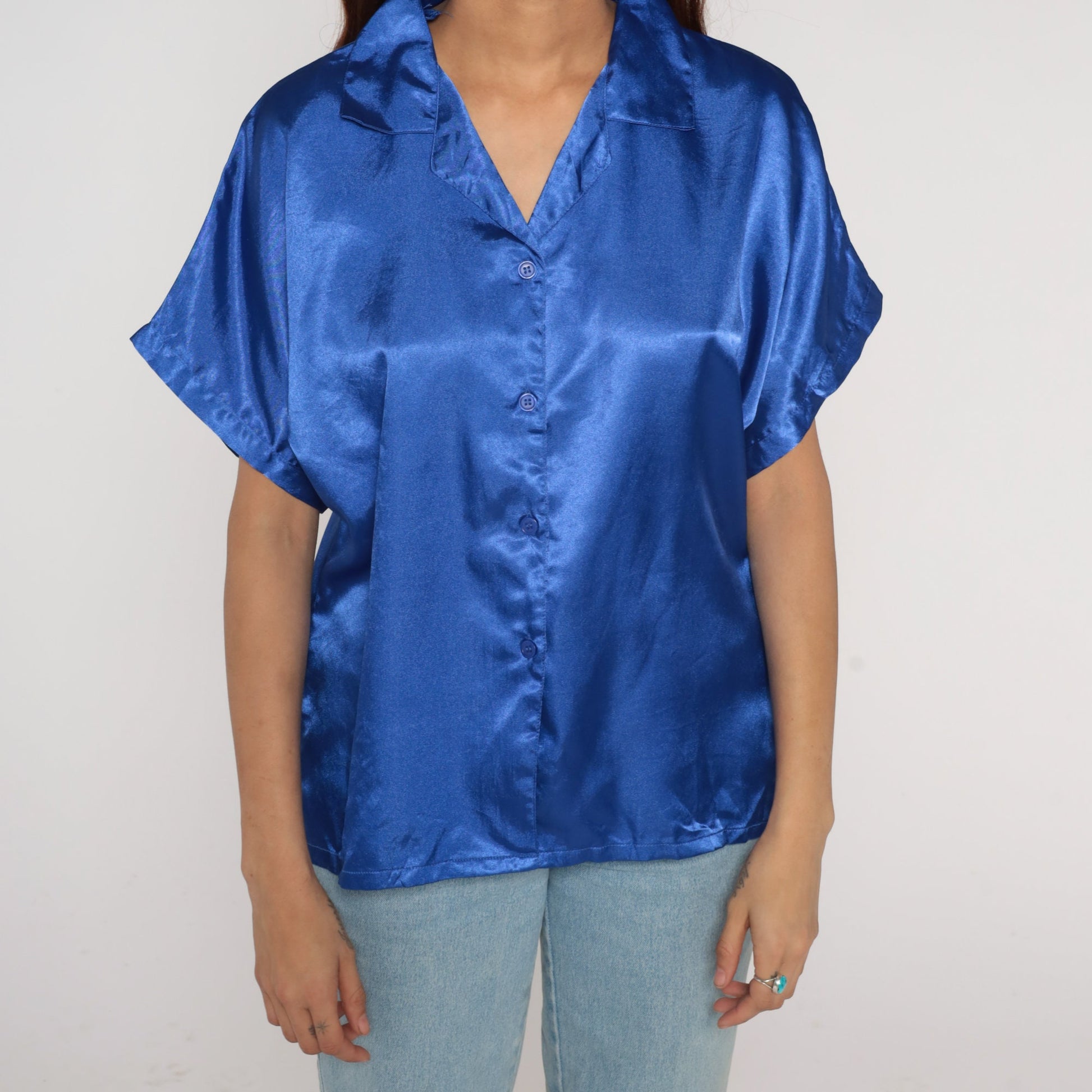 00s Blue Satin Button-Up Blouse Short Sleeve Shirt Large L