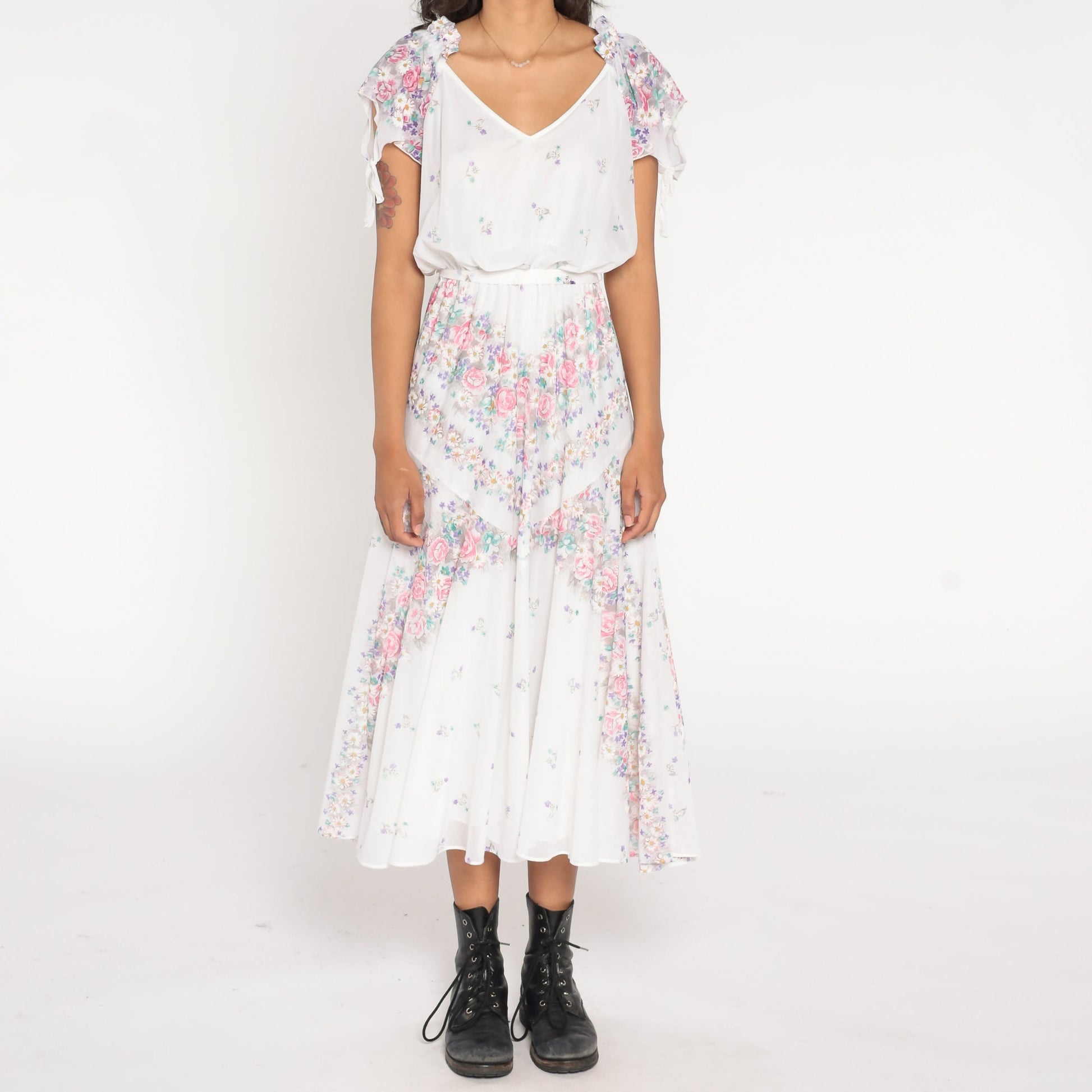 70s Floral Midi Dress White Print Flutter Sleeve Tie Waist Small Medium