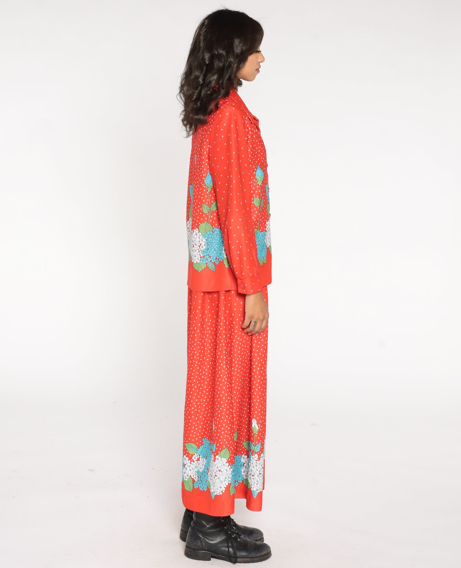 70s Red Floral Hydrangea Dot Print Maxi Dress Jacket Two Piece Set Large L