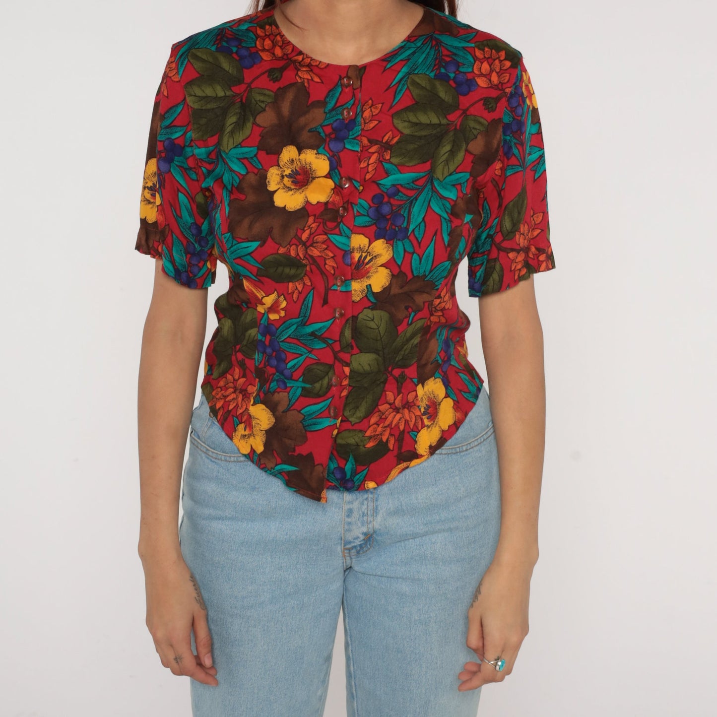 90s Red Floral Rayon Button-Up Blouse Short Sleeve Small