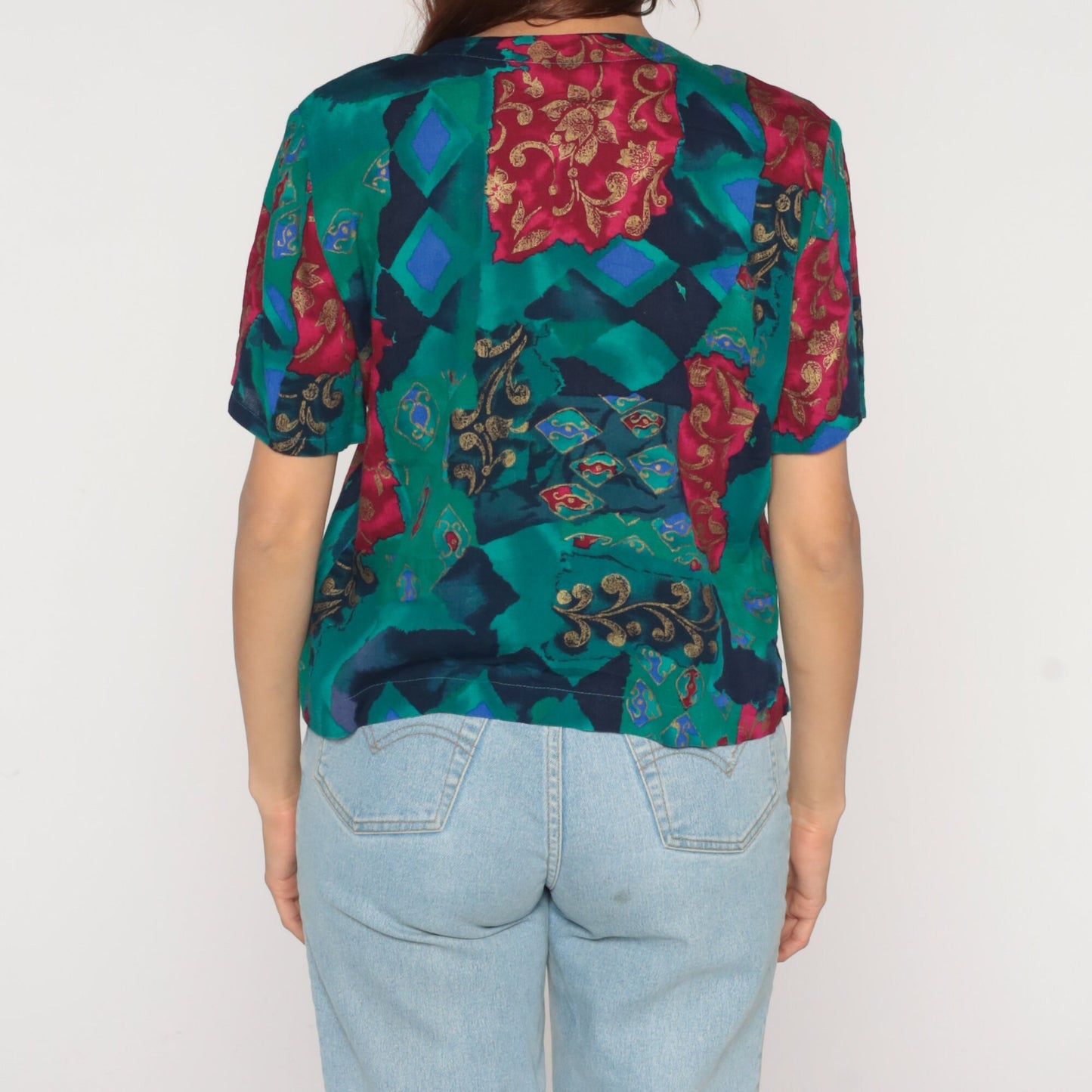 90s Fritzie Abstract Floral Geometric Button-Up Blouse Short Sleeve Small