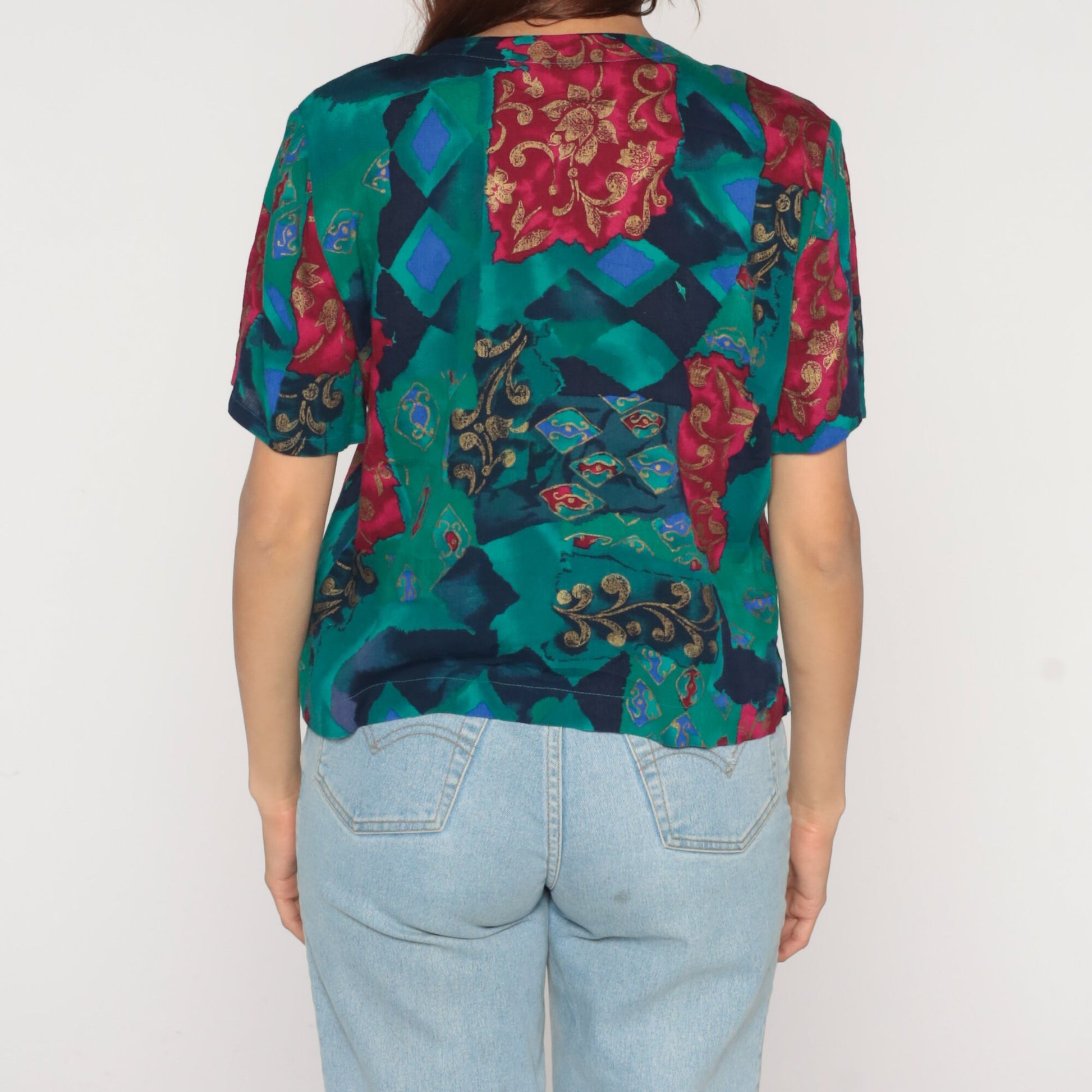 90s Fritzie Abstract Floral Geometric Button-Up Blouse Short Sleeve Small