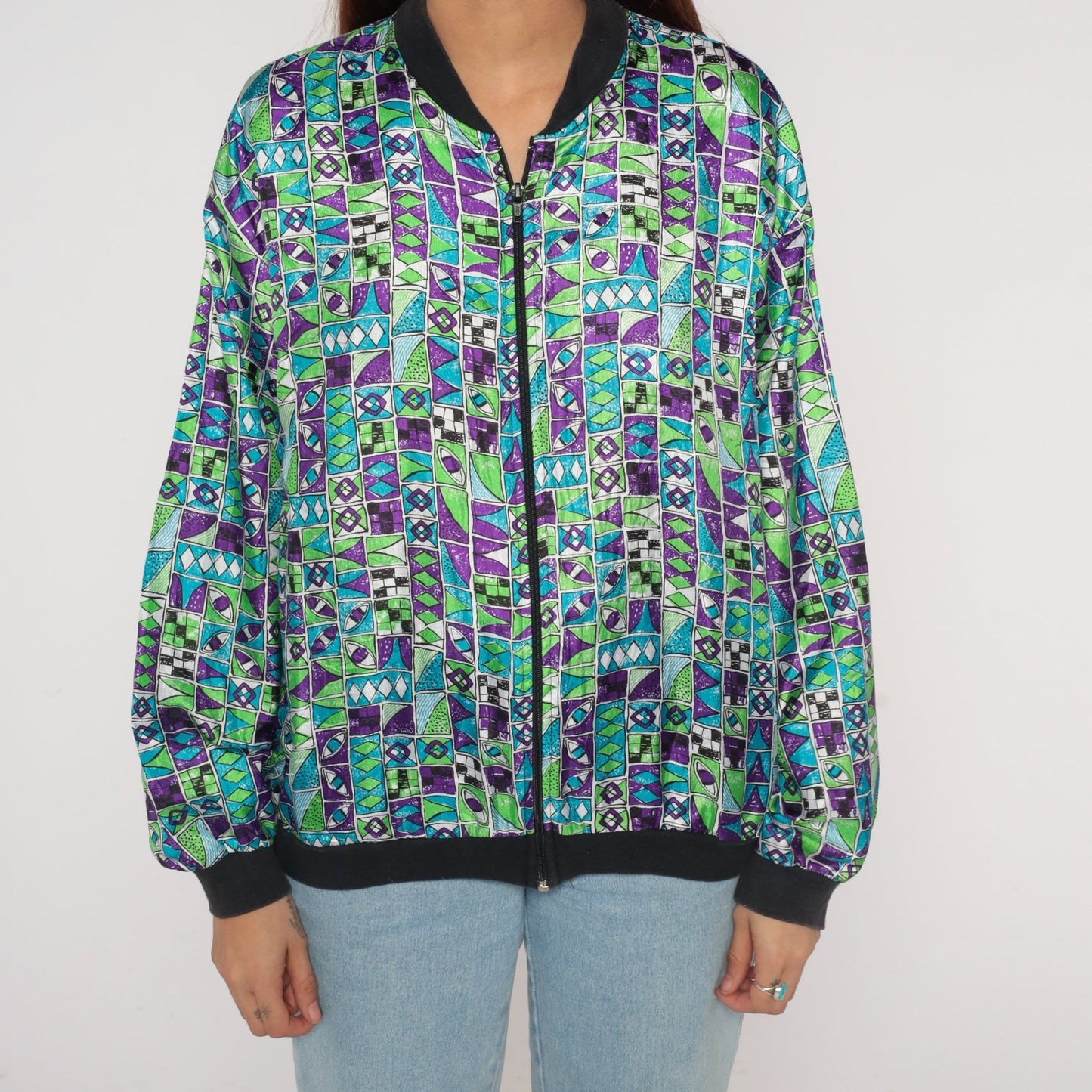 90s Geometric Bomber Jacket Blue Green Purple Zip Windbreaker Men's Medium