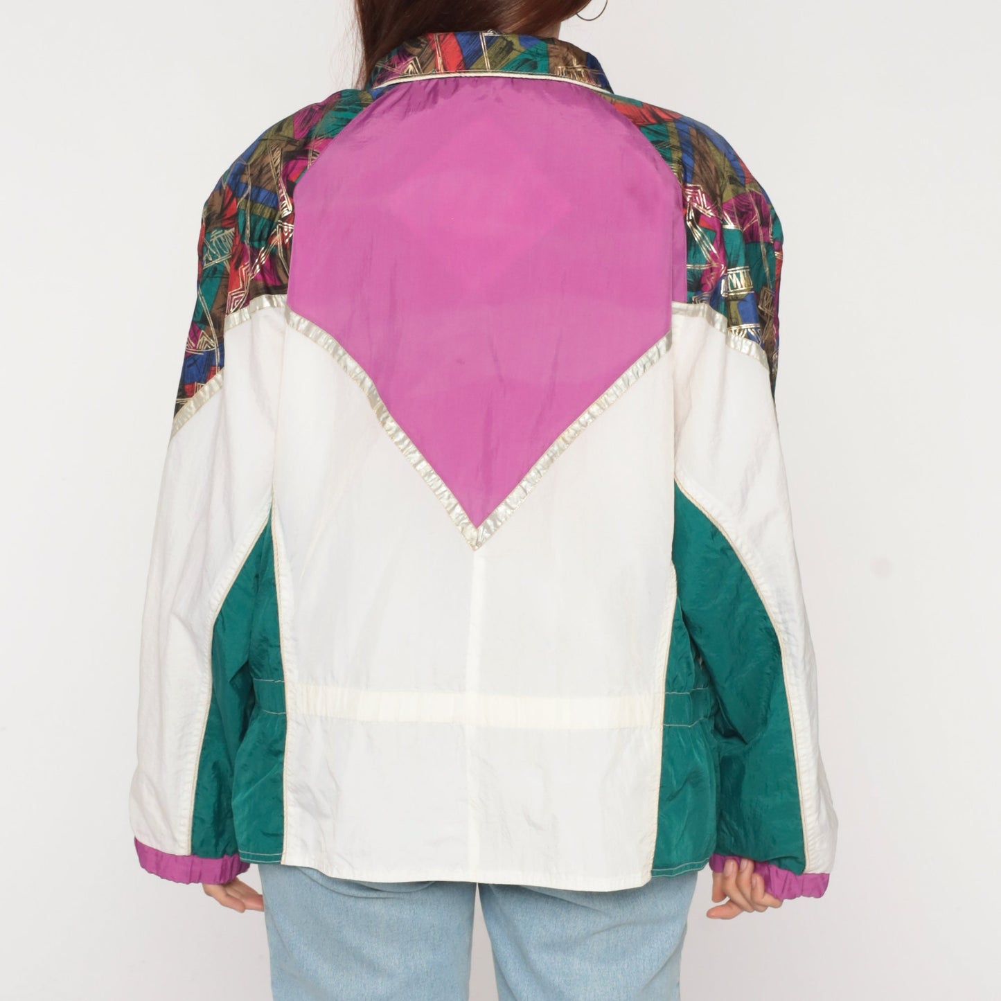 90s Color Block Windbreaker Zip Up Jacket Purple White Green Abstract Nylon Large