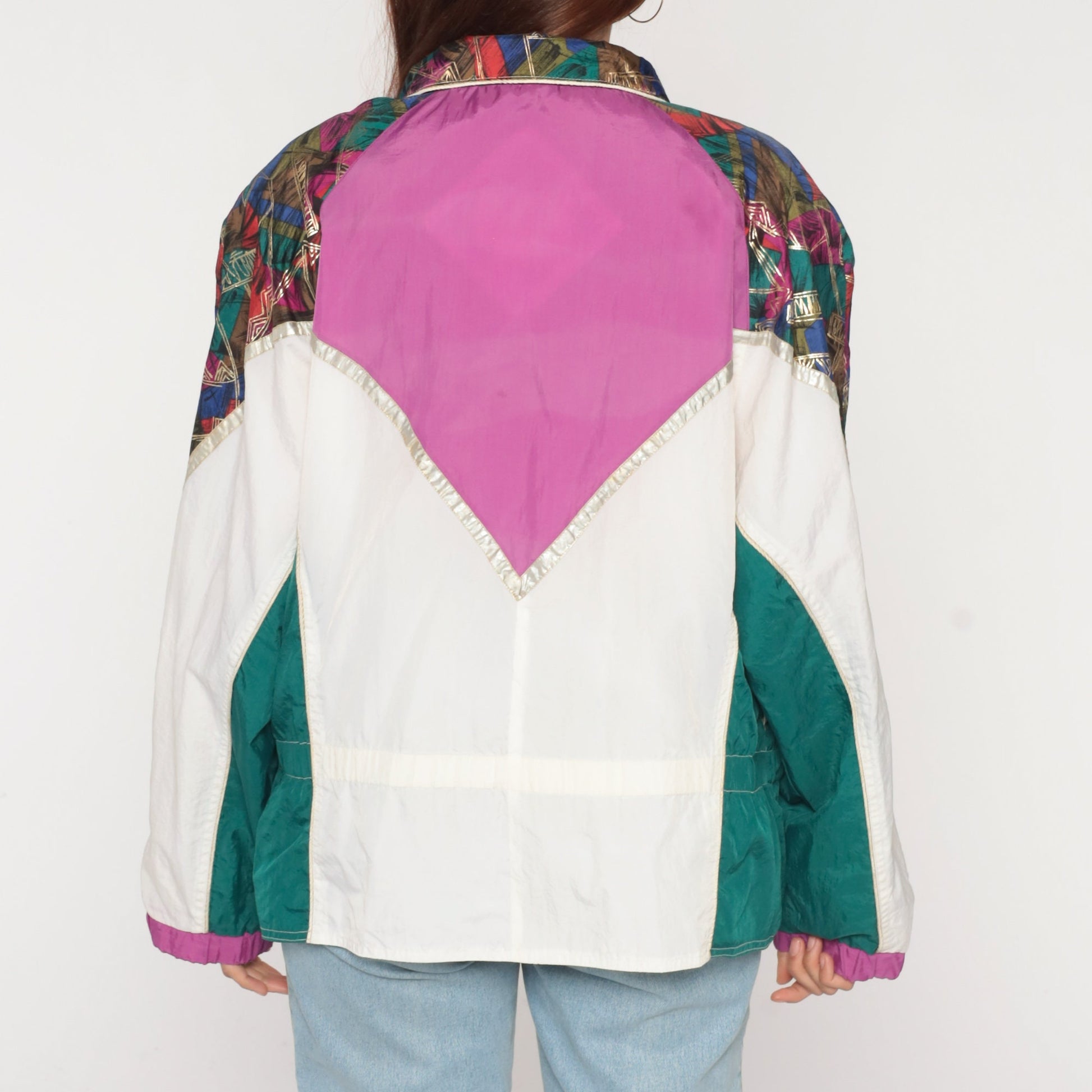 90s Color Block Windbreaker Zip Up Jacket Purple White Green Abstract Nylon Large