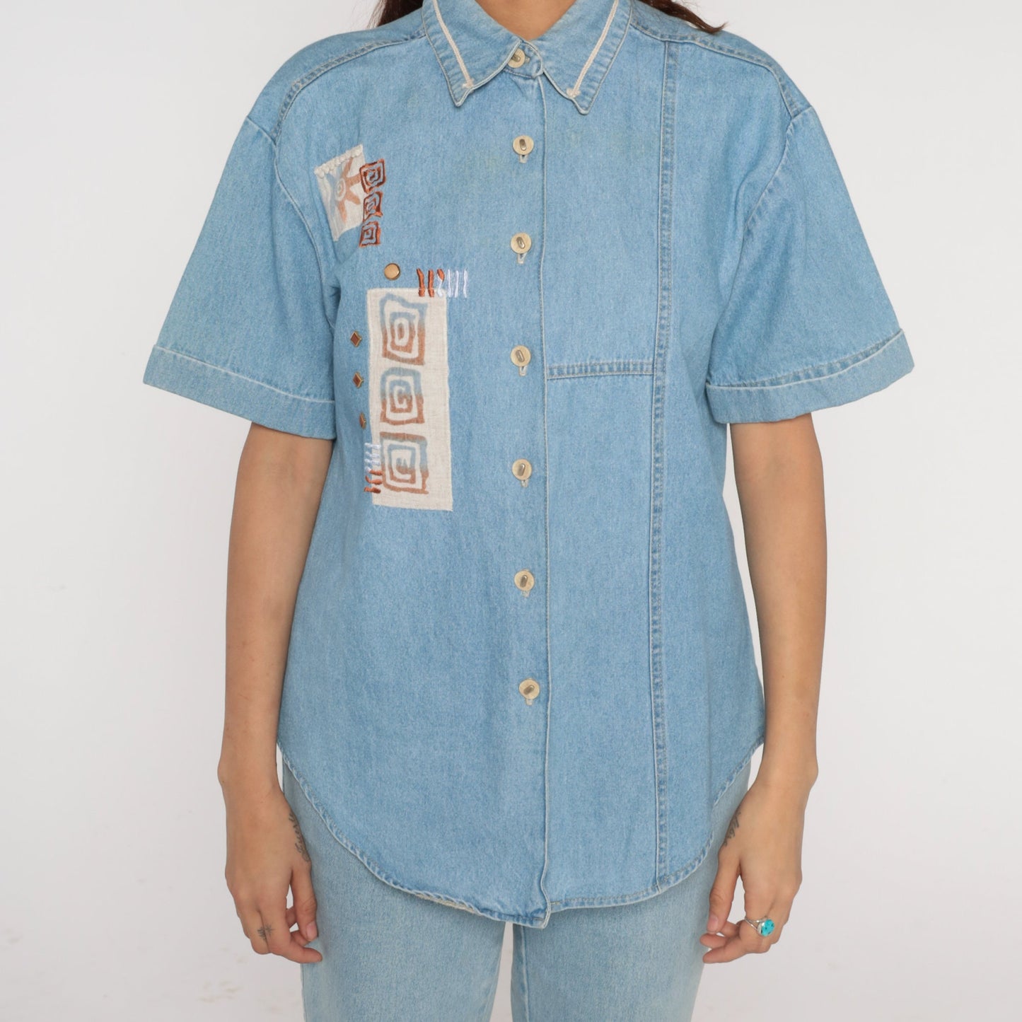 90s Blue Denim Shirt Studded Geometric Swirl Print Button-Up Medium
