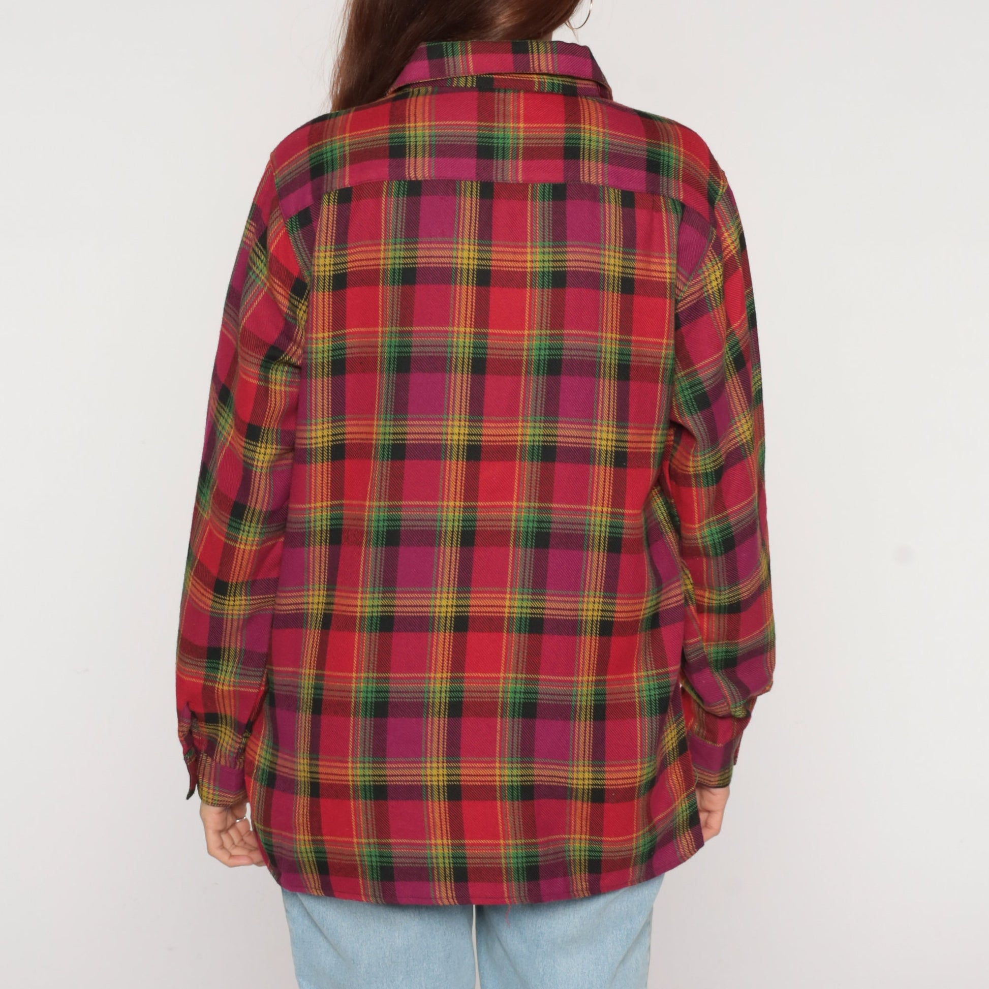 90s Red Plaid Flannel Shirt Button-Up Long Sleeve Collared Medium M