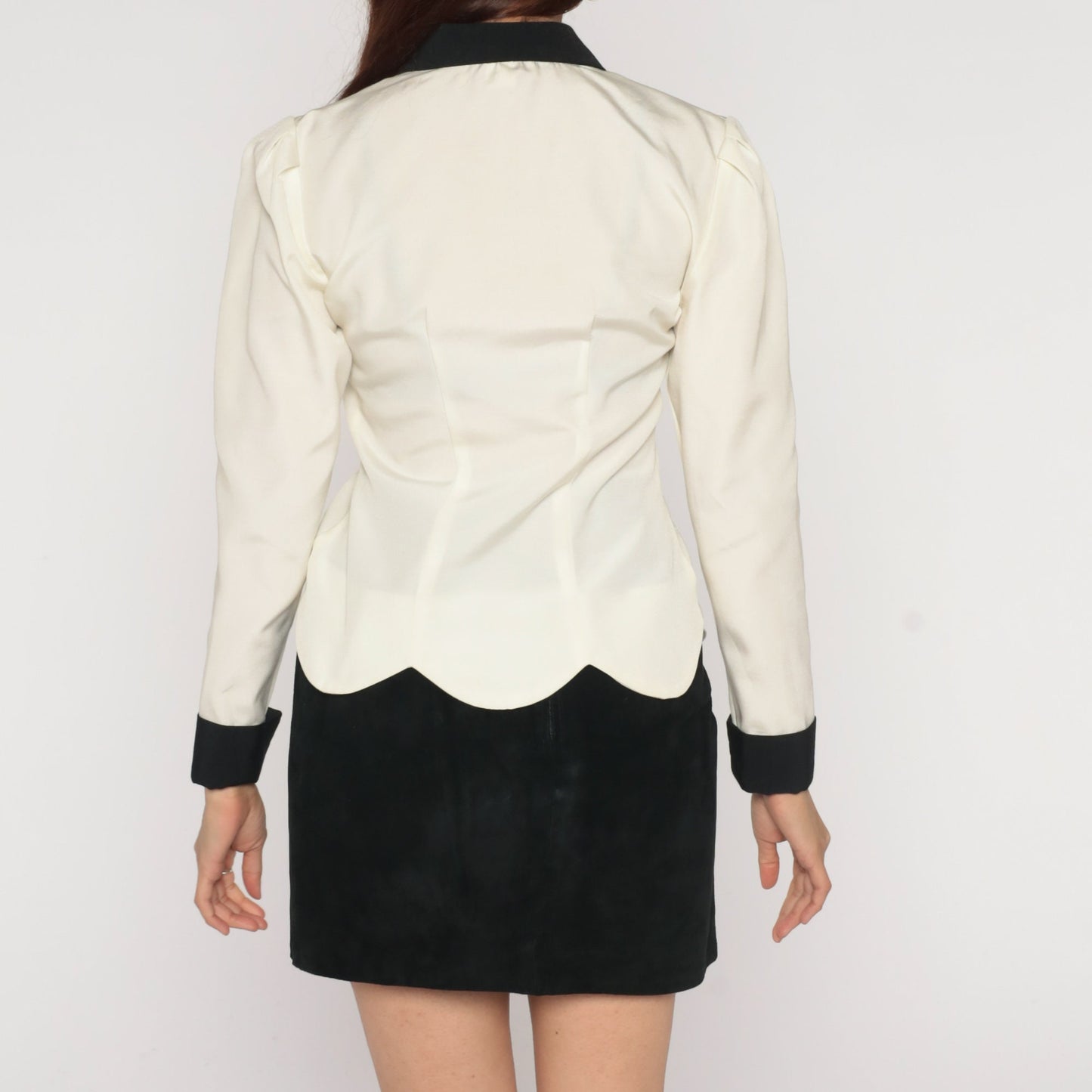 90s White Double Breasted Blazer Black Collar Scalloped Hem Extra Small