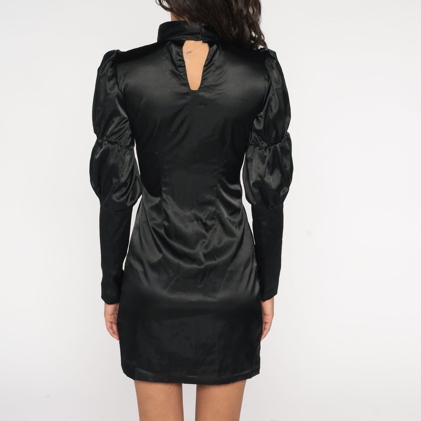 70s Black Satin Mini Dress Puff Sleeve Mock Neck Keyhole Extra Small