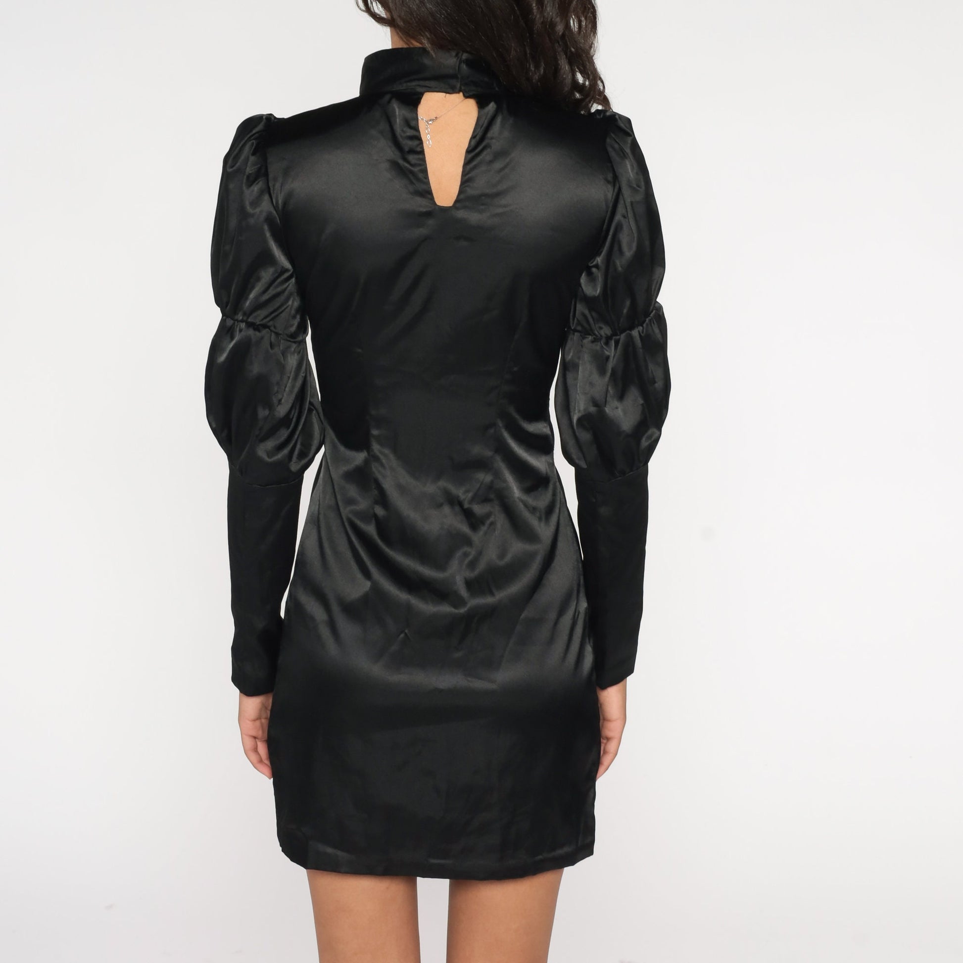 70s Black Satin Mini Dress Puff Sleeve Mock Neck Keyhole Extra Small