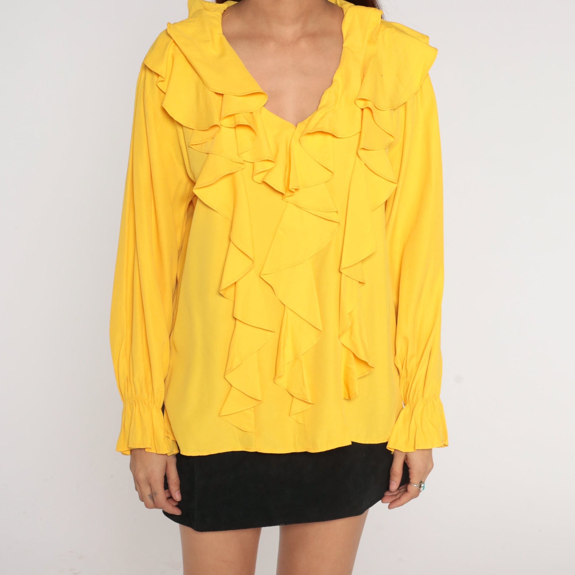 90s Yellow Ruffle Long Sleeve Blouse V Neck Small