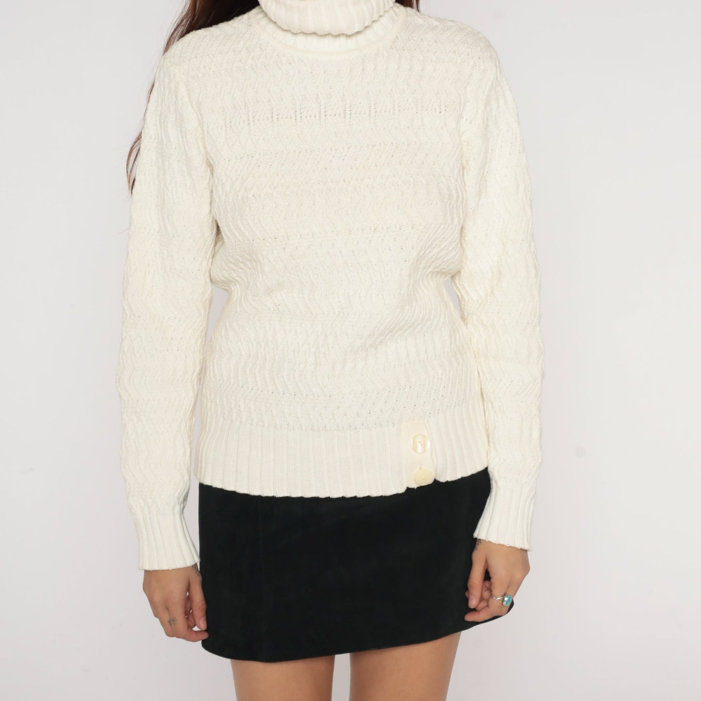 90s White Textured Knit Turtleneck Sweater Pullover Medium M