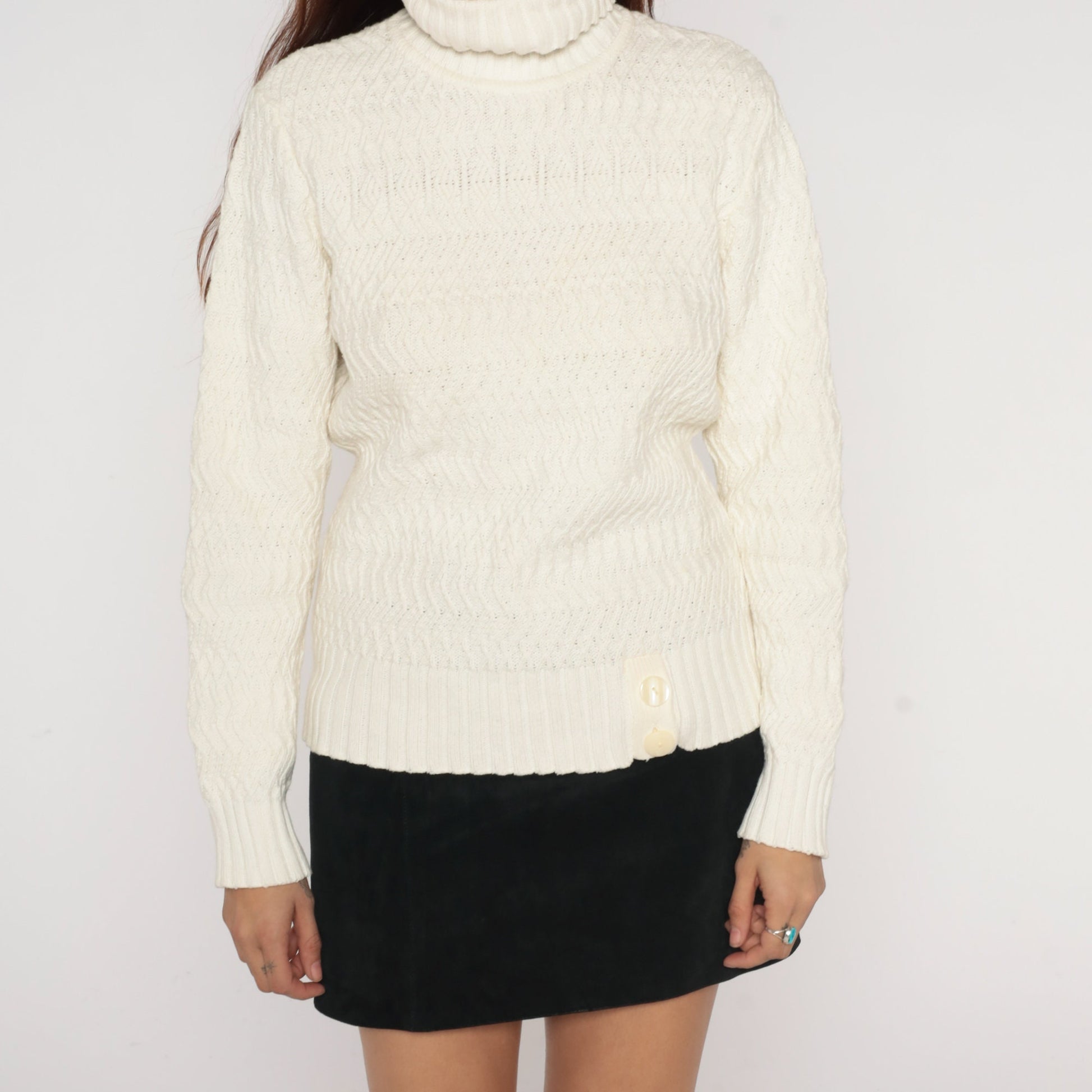 90s White Textured Knit Turtleneck Sweater Pullover Medium M