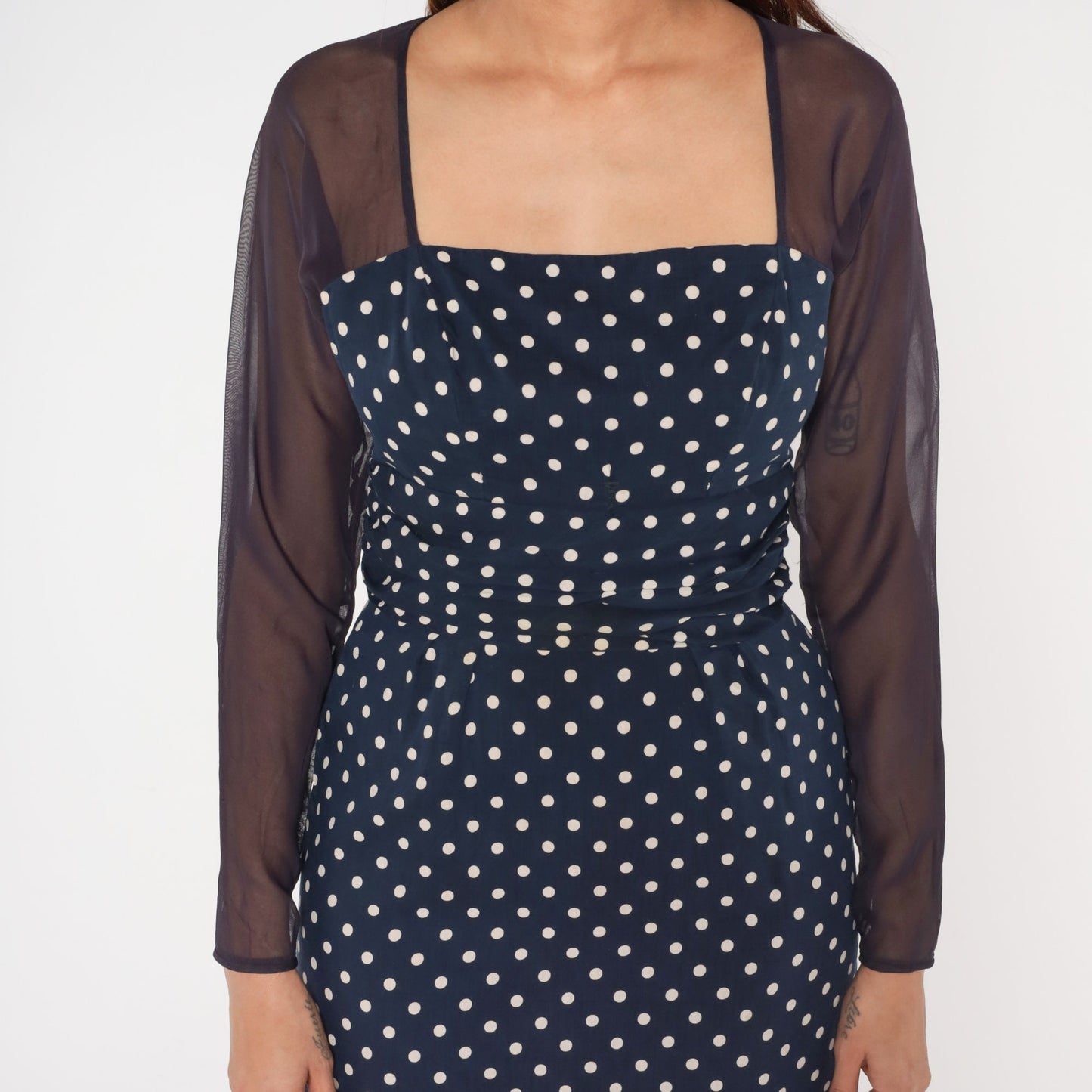 1960s Navy Polka Dot Midi Pencil Dress Sheer Sleeve Keyhole Small