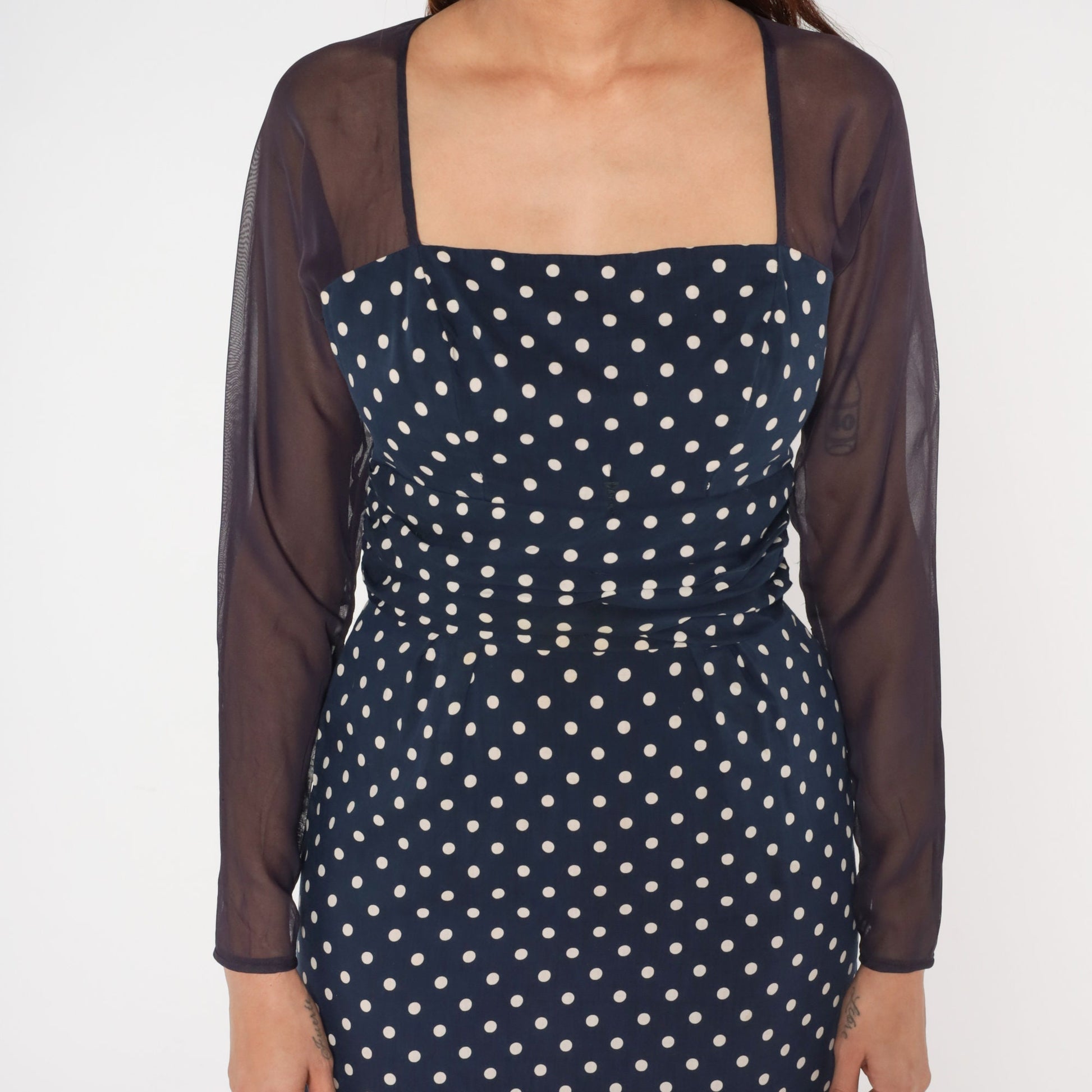 1960s Navy Polka Dot Midi Pencil Dress Sheer Sleeve Keyhole Small