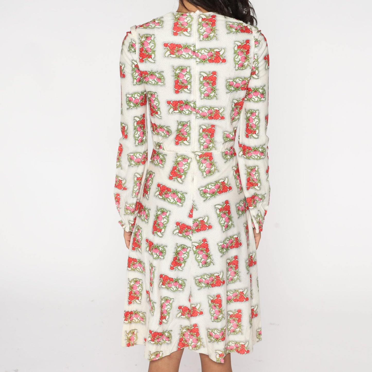 70s White Floral Midi Dress Long Sleeve V-Neck High Waisted Extra Small
