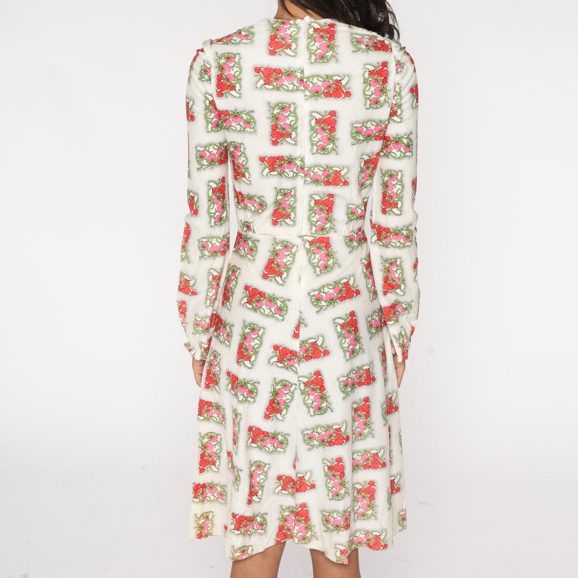 70s White Floral Midi Dress Long Sleeve V-Neck High Waisted Extra Small