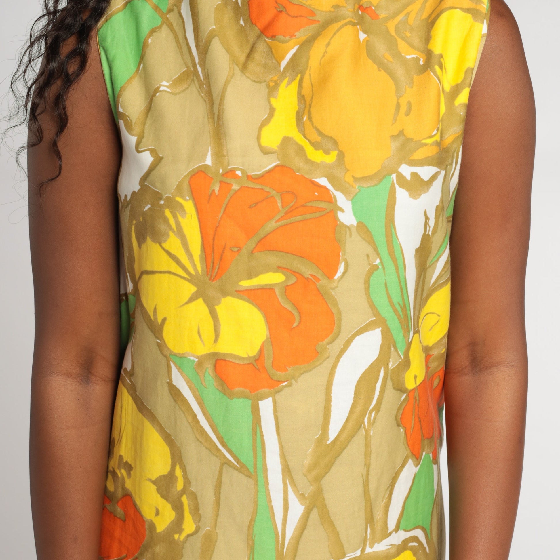 60s Mod Floral Shift Dress Knee Length Orange Green Tan Cotton Small