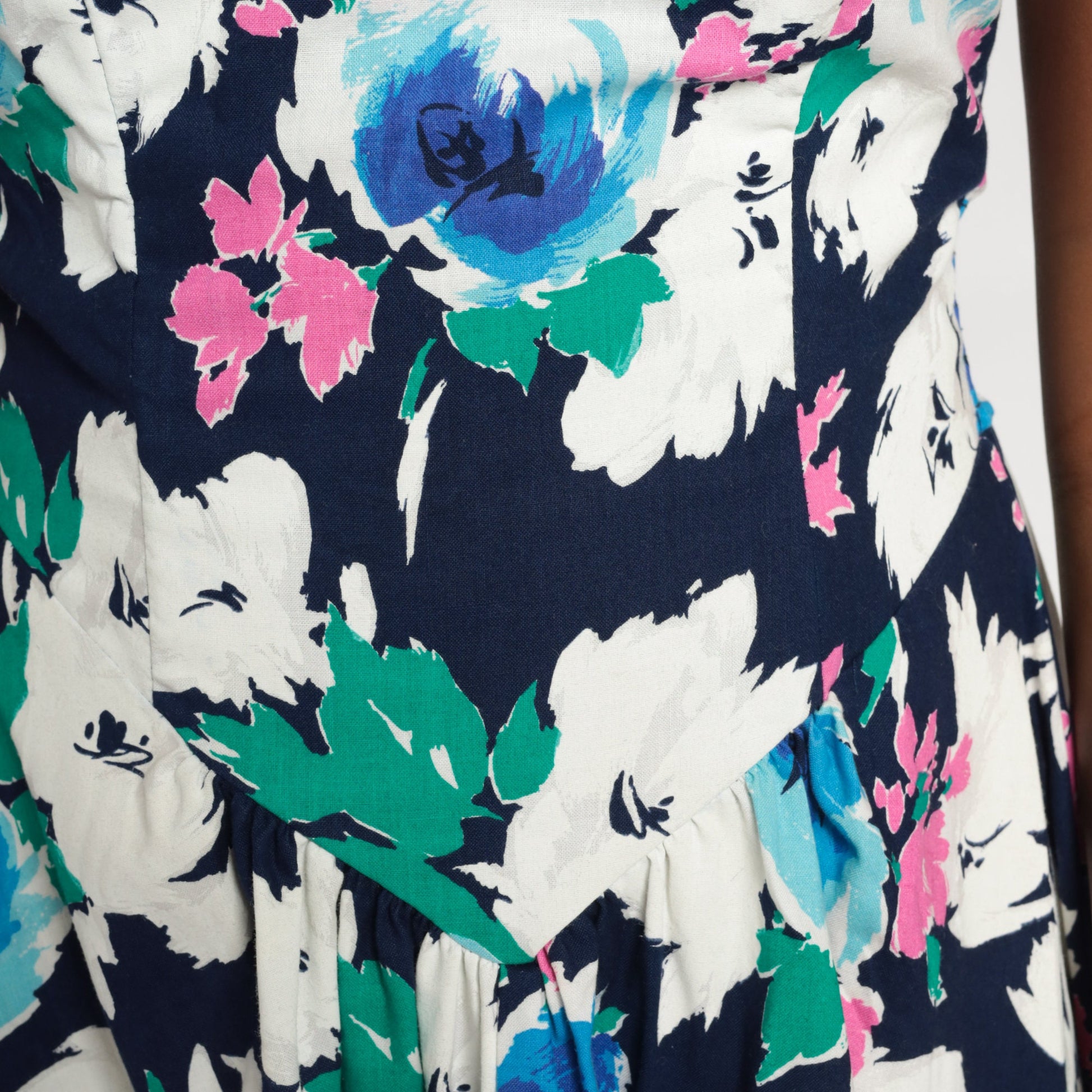 80s Floral Strapless Midi Dress Smocked Sweetheart Neckline Navy Rose Print Medium