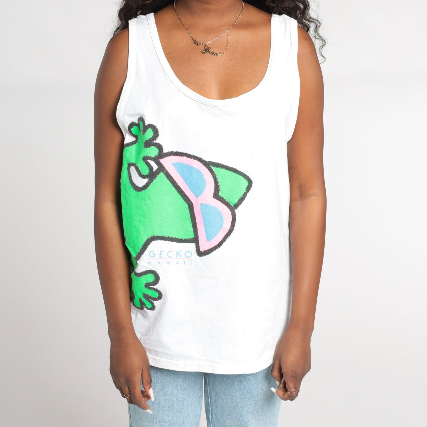 90s Gecko Hawaii Tank Top White Graphic Lizard Sleeveless Tee Large
